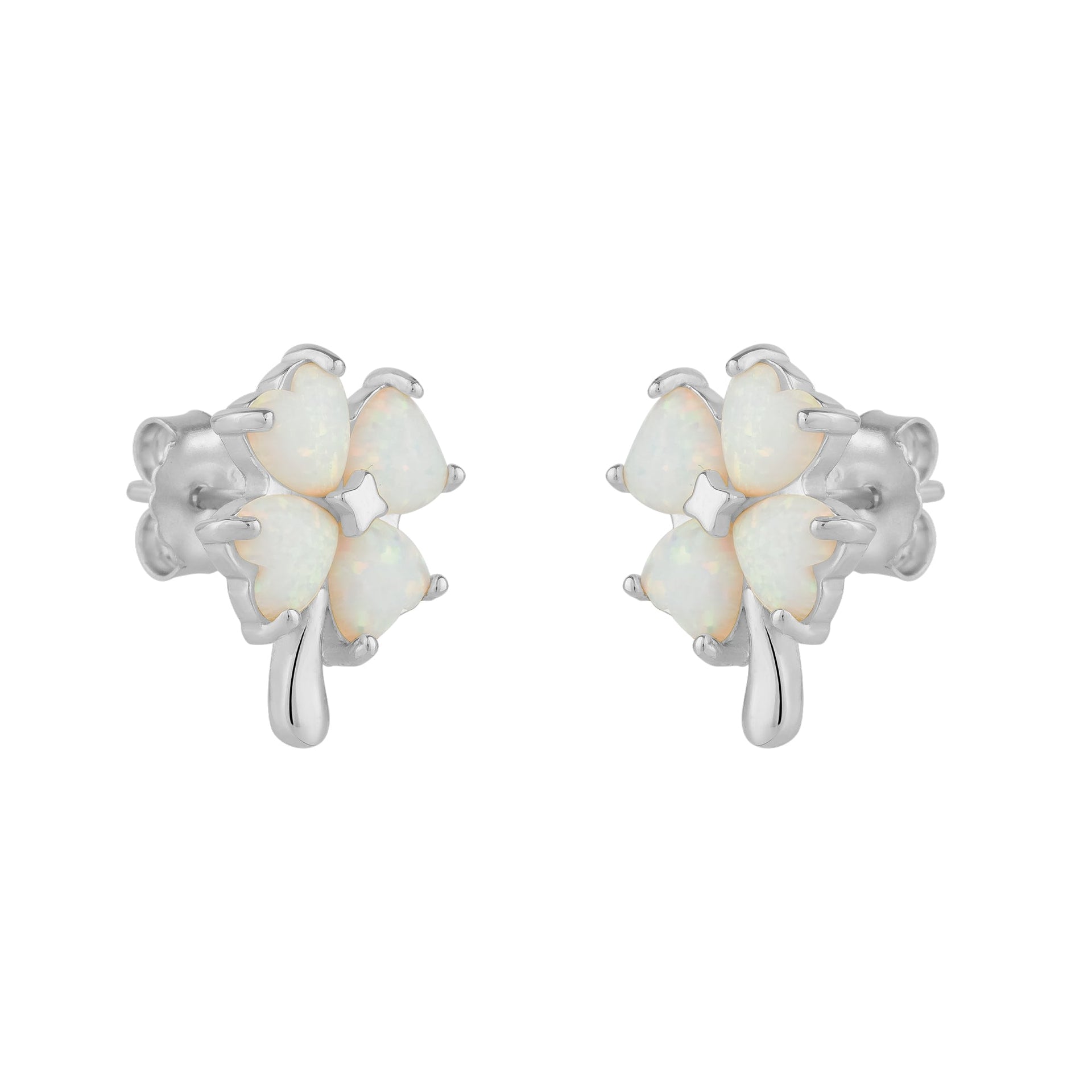 White Opal Four Leaves Clover Sterling Silver Stud Earring - Silver