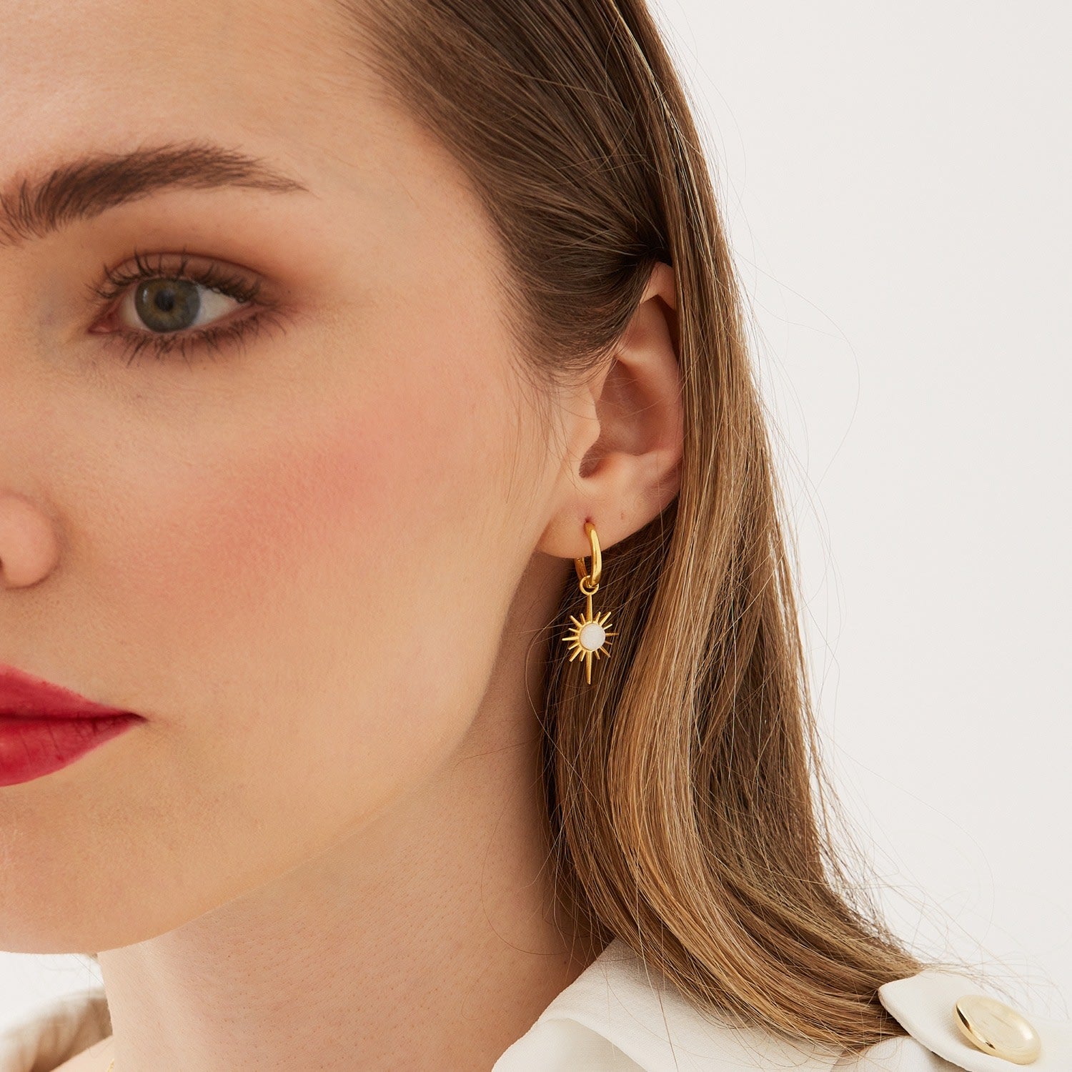 White Opal Northern Star Starburst Drop Hoop Earring Sterling Silver - Gold