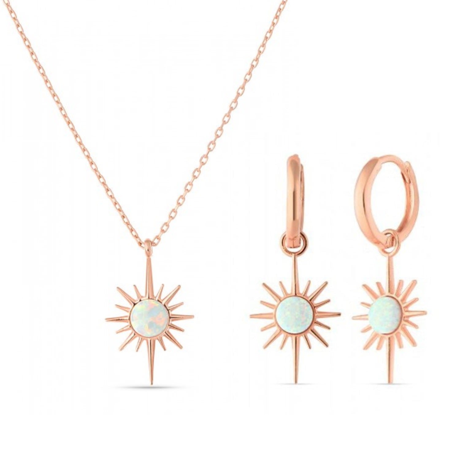 White Opal Northernstar Sterling Silver Pendant Necklace & Earring Set - Rose Gold