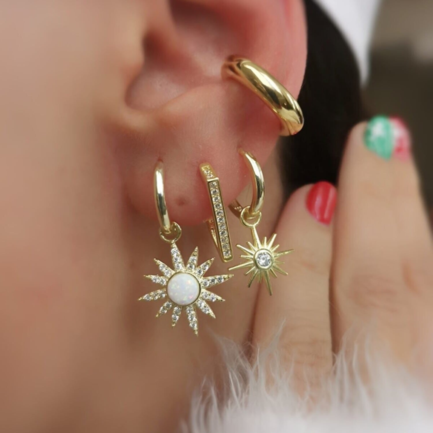 Drop Hoop Sun White Opal Earring Sterling Silver - Gold