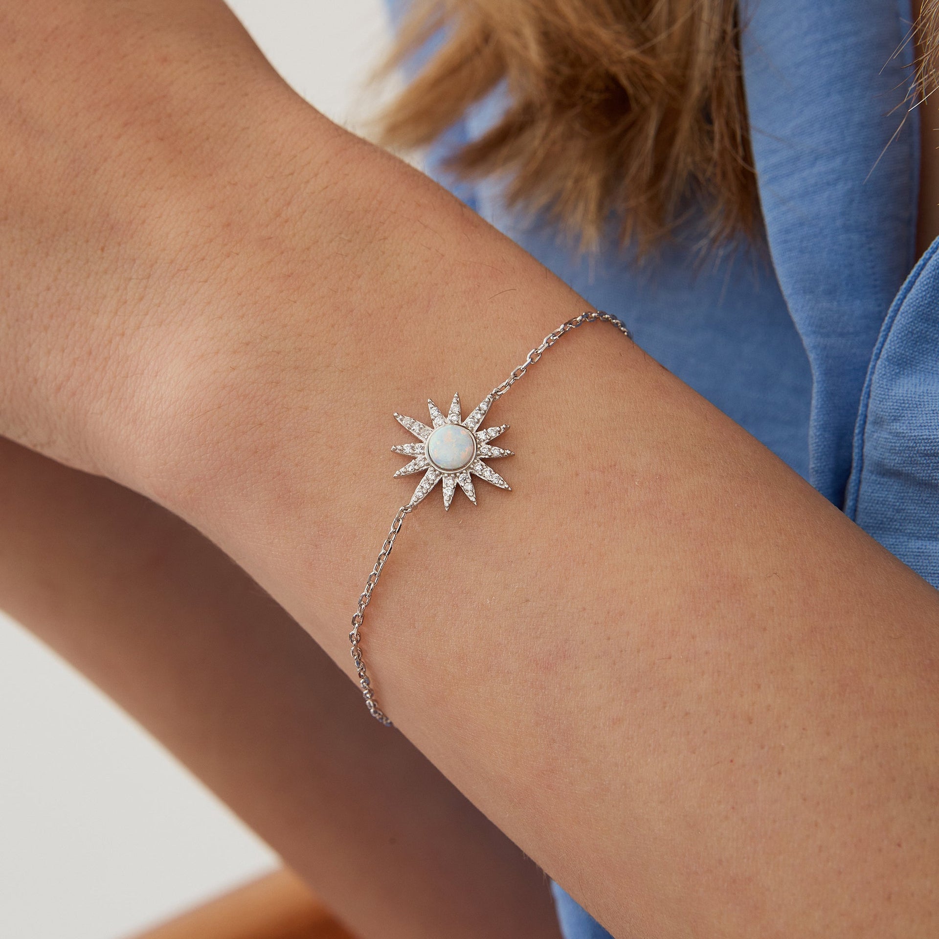 White Opal Sun Sterling Silver Bracelet In Silver