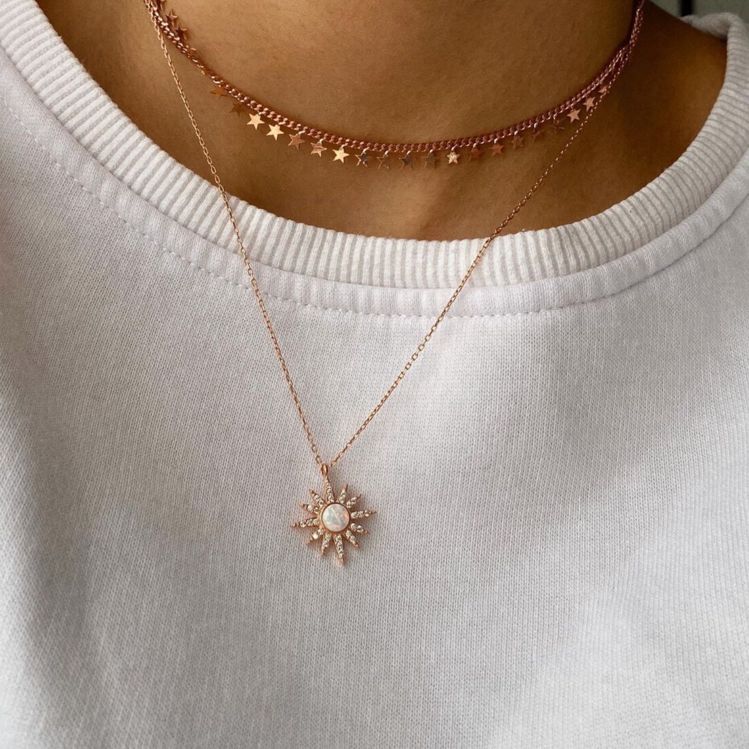 White Opal Sun Sterling Silver Necklace - Rose Gold