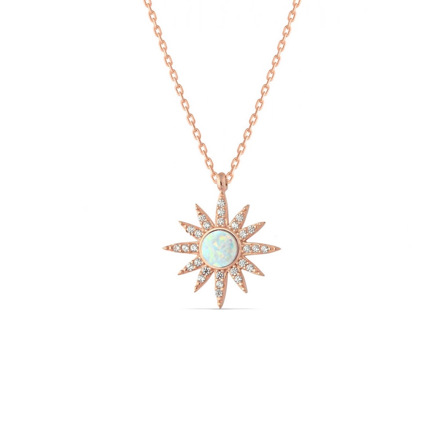 White Opal Sun Sterling Silver Necklace - Rose Gold