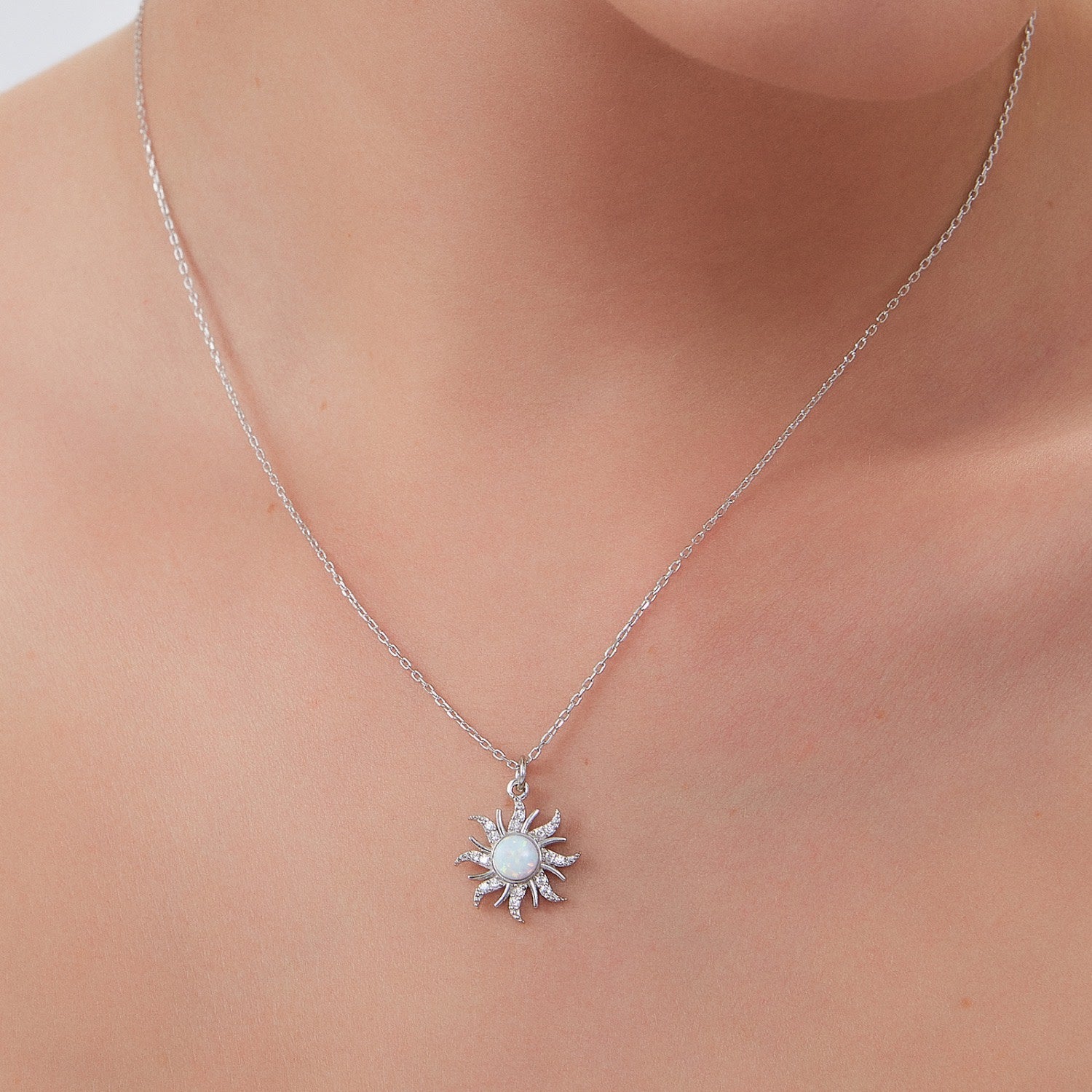 White Opal Sun & Sunburst Necklace In Sterling Silver - Silver