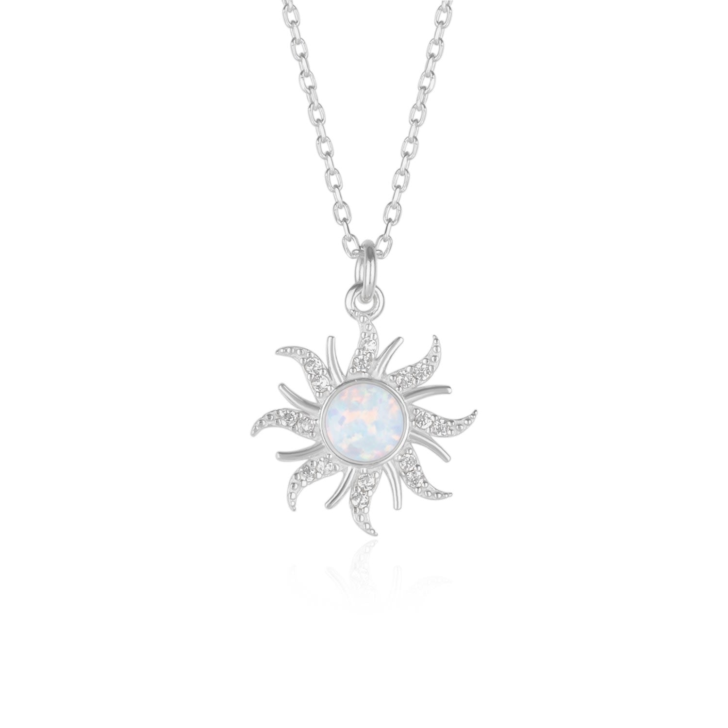 White Opal Sun & Sunburst Necklace In Sterling Silver - Silver