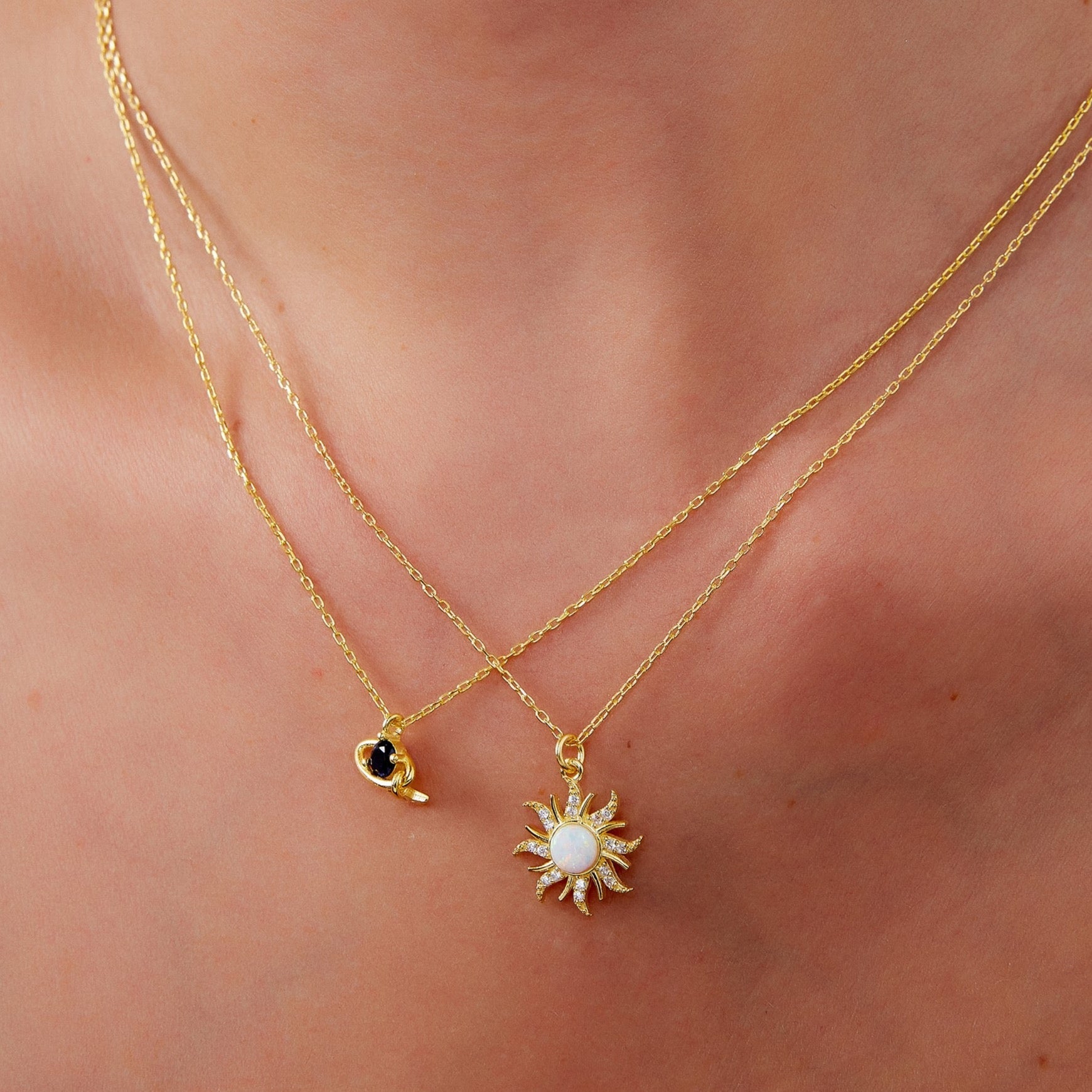 White Opal Sun & Sunburst Necklace In Sterling Silver - Gold