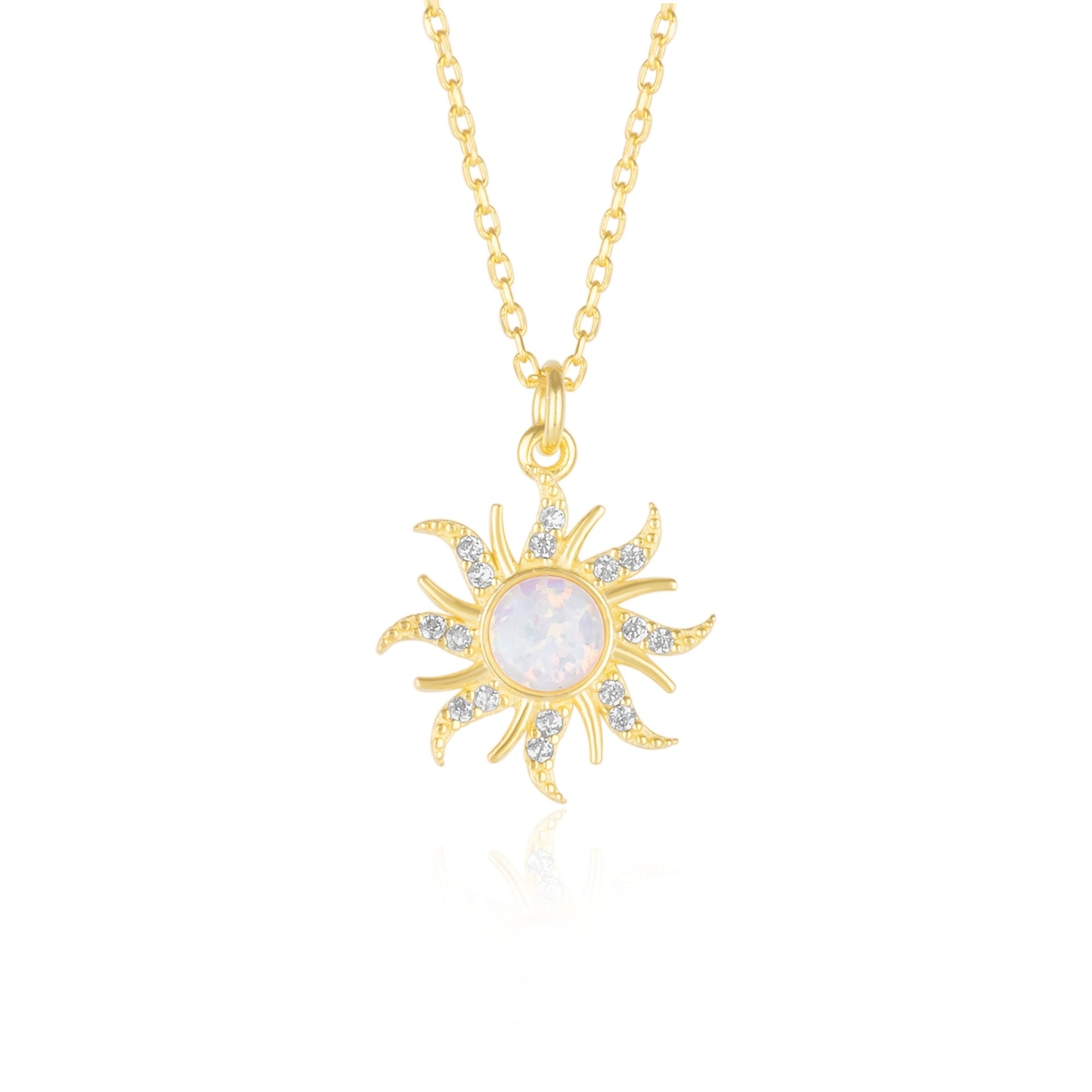 White Opal Sun & Sunburst Necklace In Sterling Silver - Gold