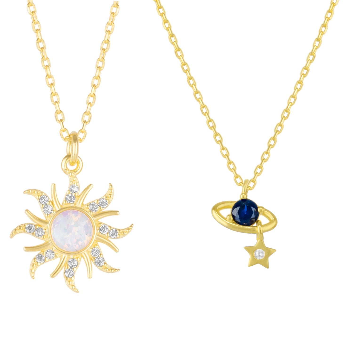 White Opal Sun & Sunburst & Saturn Necklace Layering Set In Sterling Silver - Gold