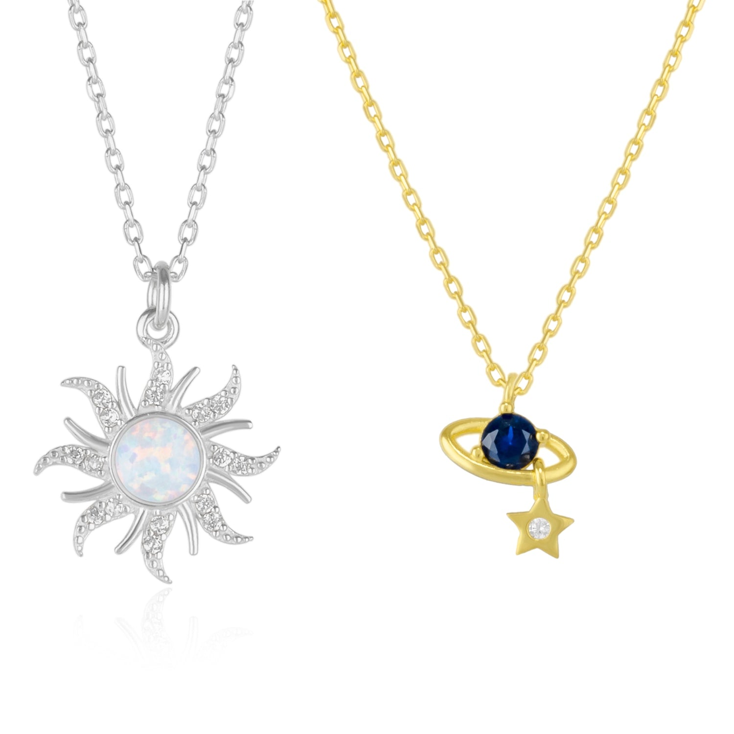 White Opal Sun & Sunburst & Saturn Necklace Layering Set In Sterling Silver