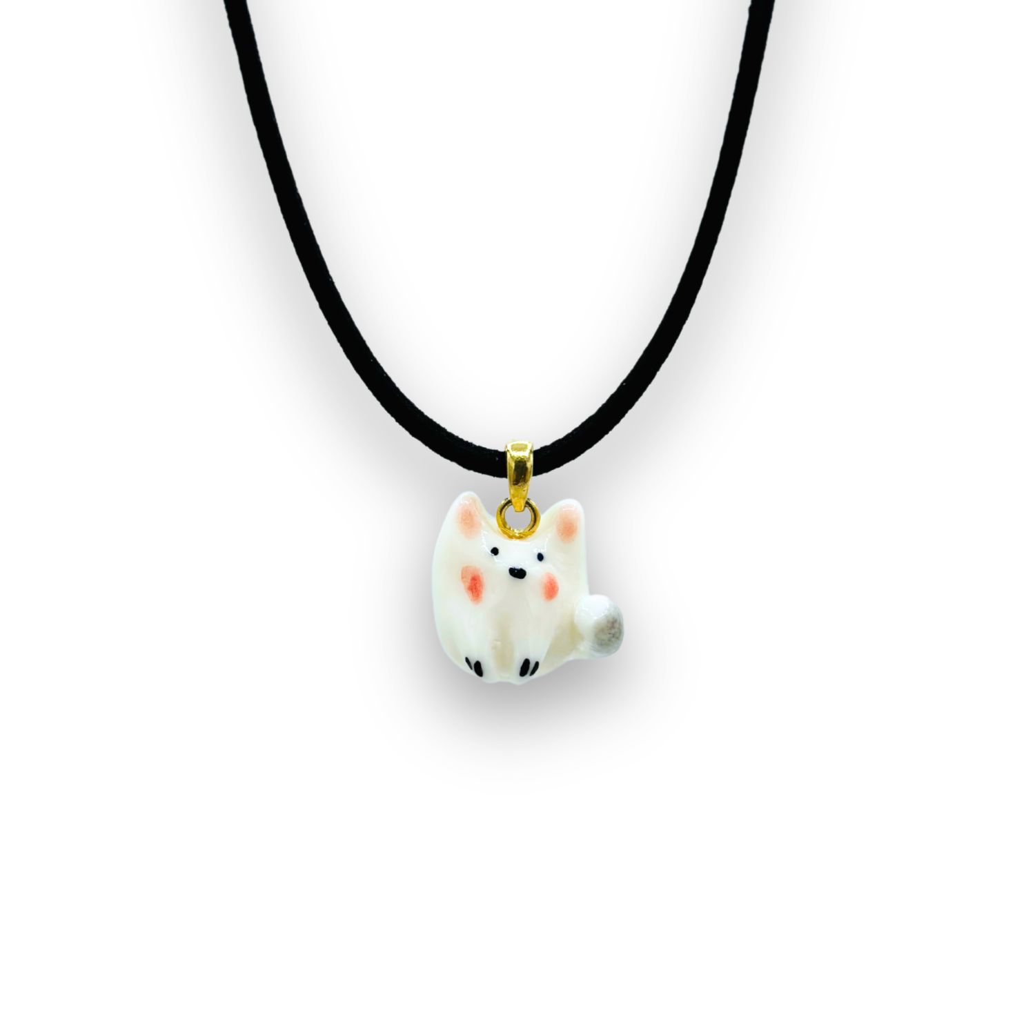 White Porcelain Cat Choker Necklace - Gold Plated