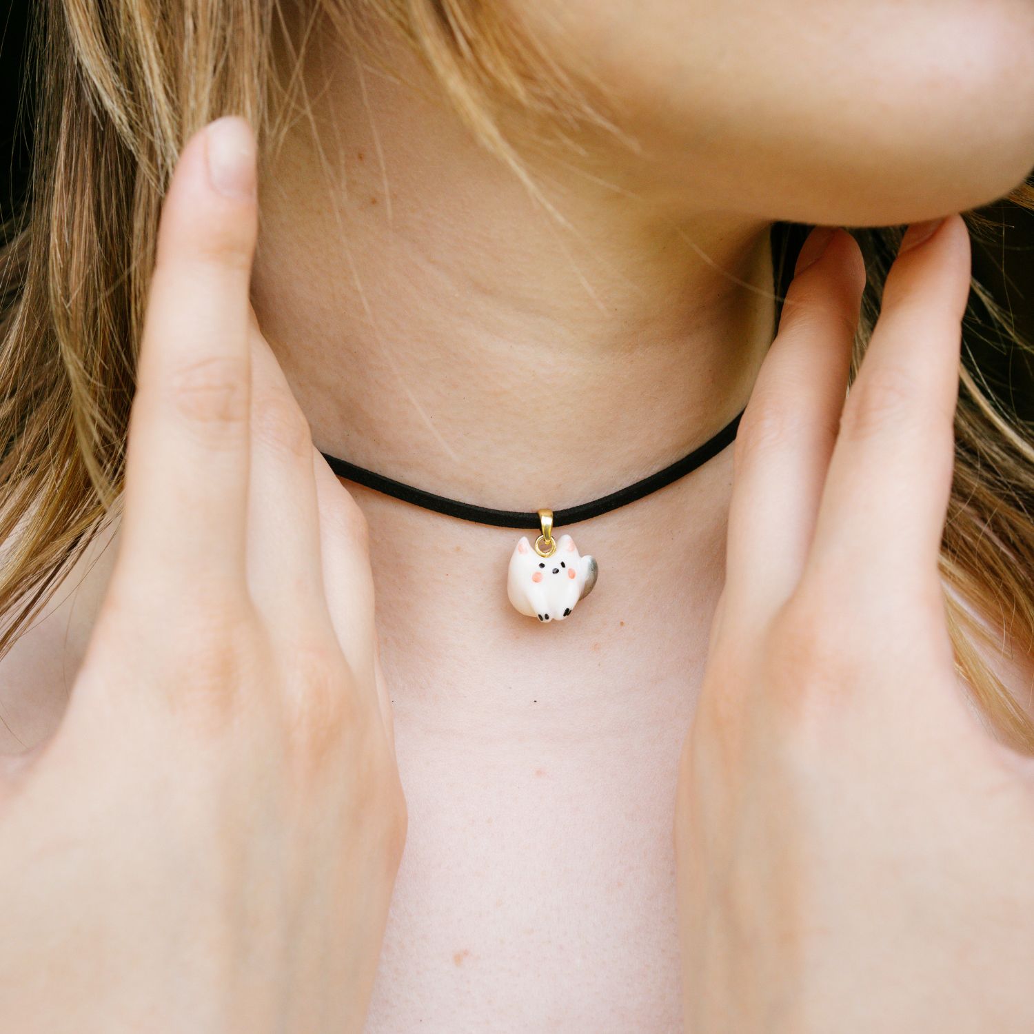 White Porcelain Cat Choker Necklace - Sterling Silver