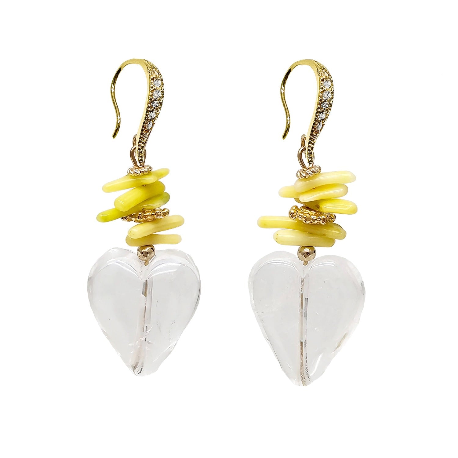 White Quartz Heart And Yellow Bamboo Coral Earrings