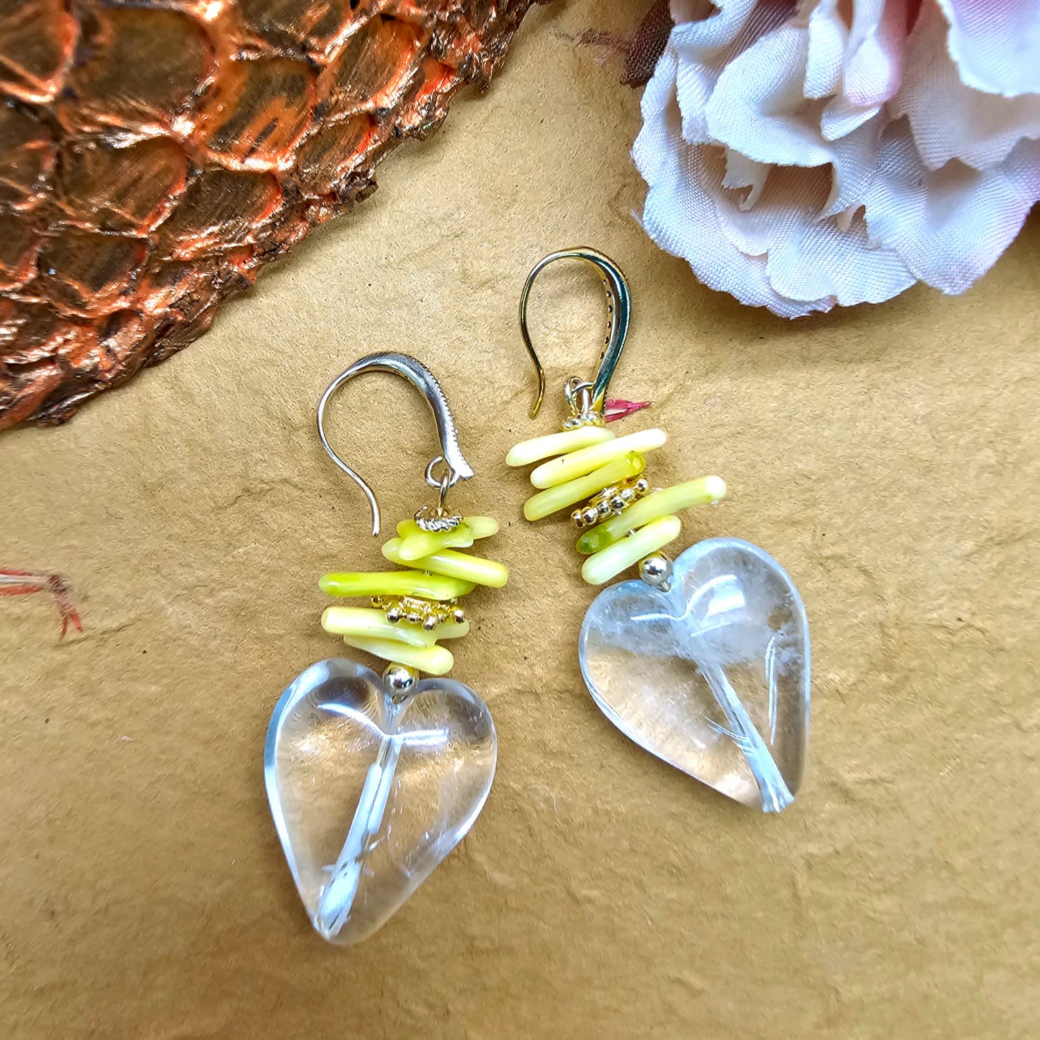 White Quartz Heart And Yellow Bamboo Coral Earrings