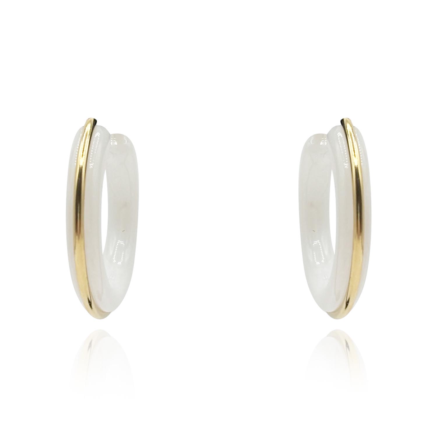 White Resin Hoop Earrings With Gold Stripe Down The Middle