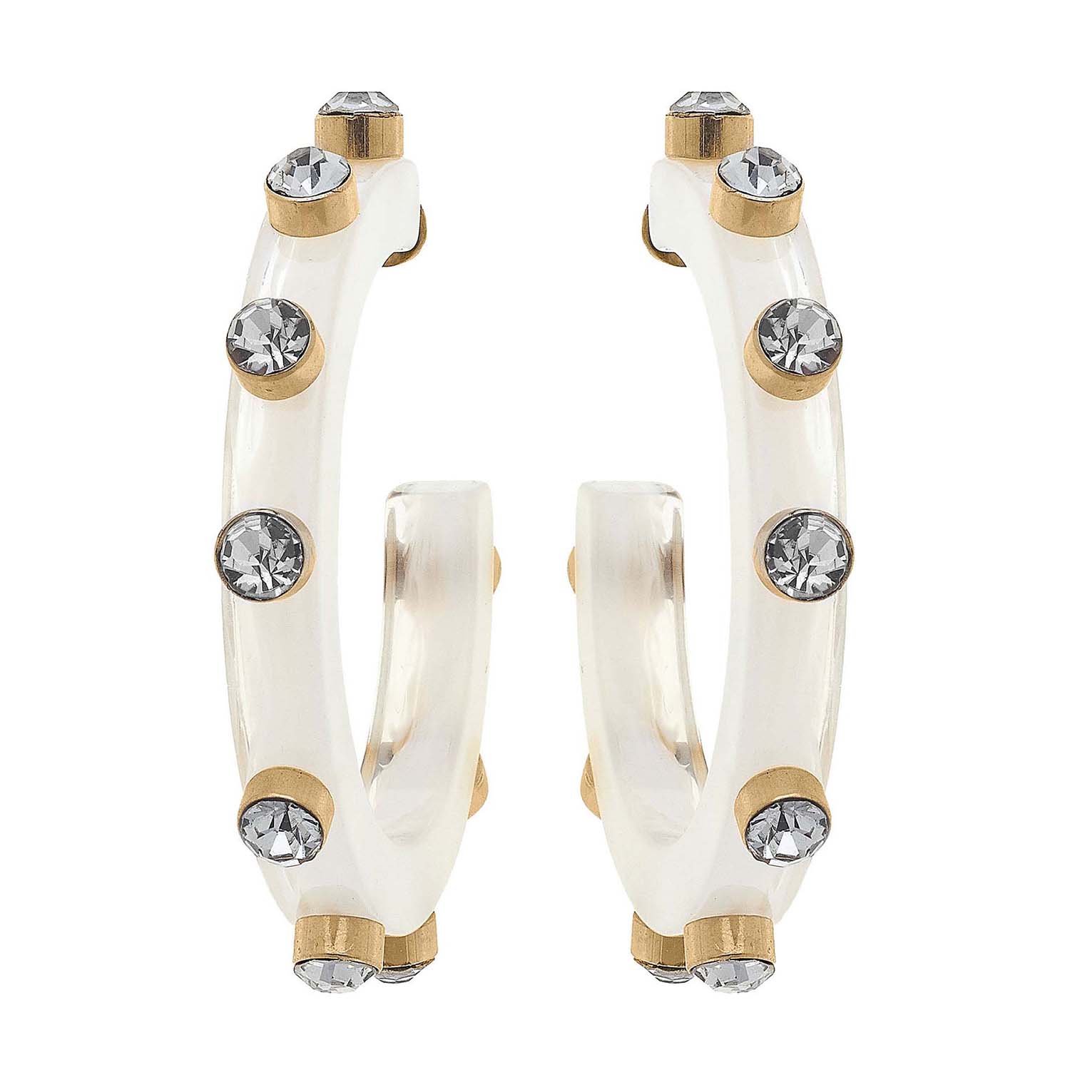White Translucent Resin Hoop Earrings With Crystal Accents