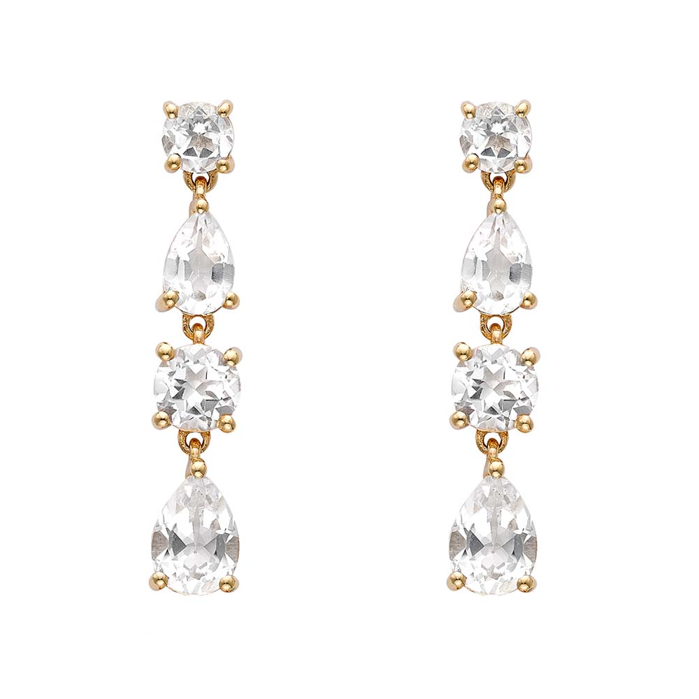 Short White Topaz Yellow Gold Drop Earrings