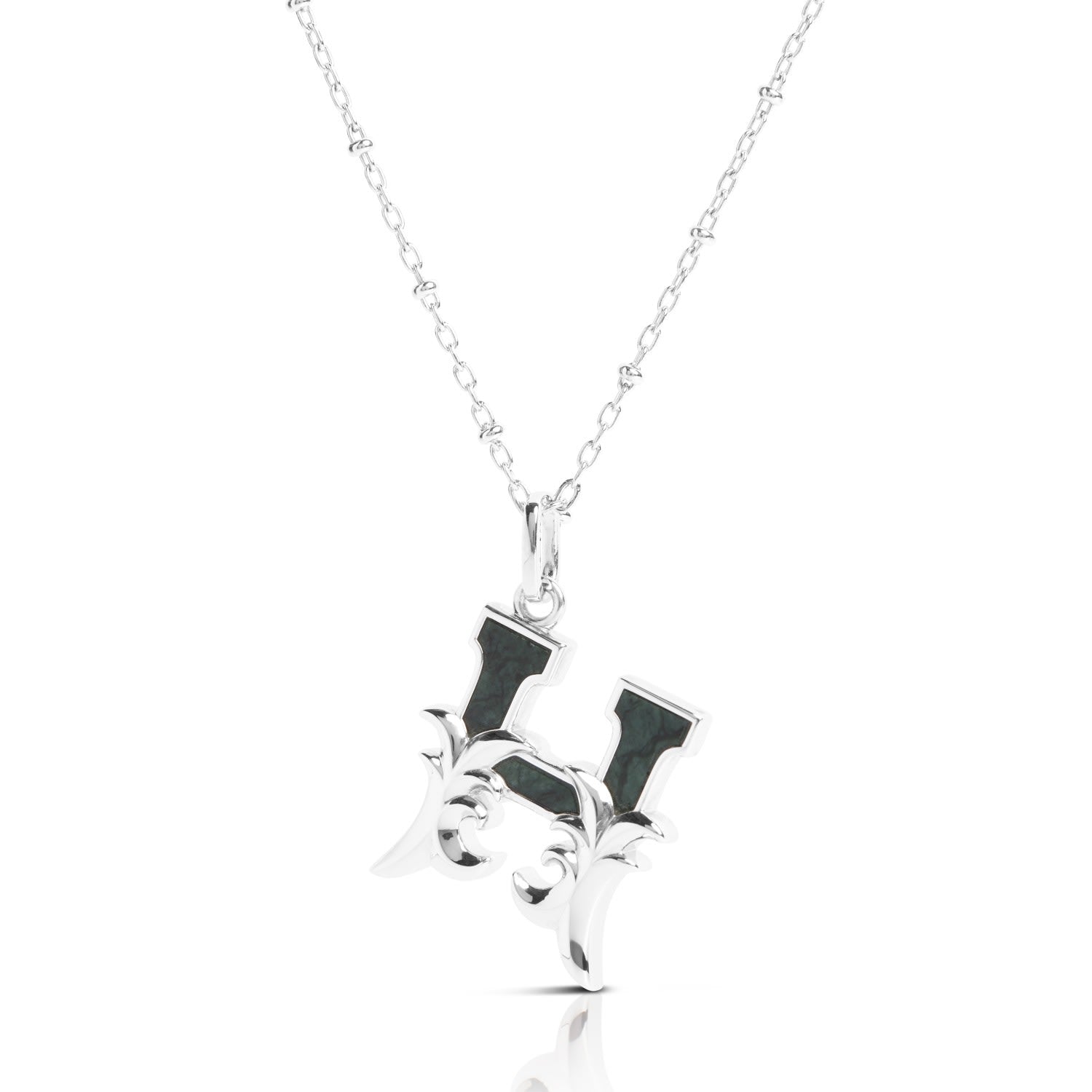 Solid Silver H Initial Necklace With Green Marble