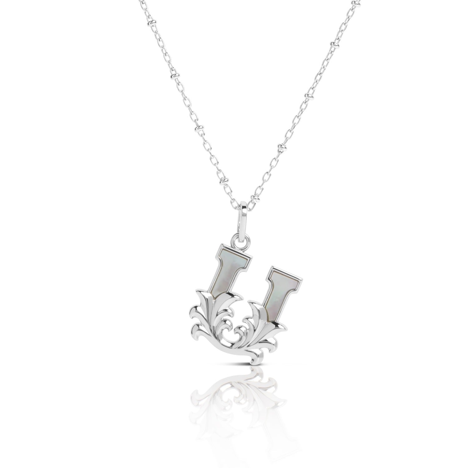 Solid Silver U Initial Necklace With Mother Of Pearl