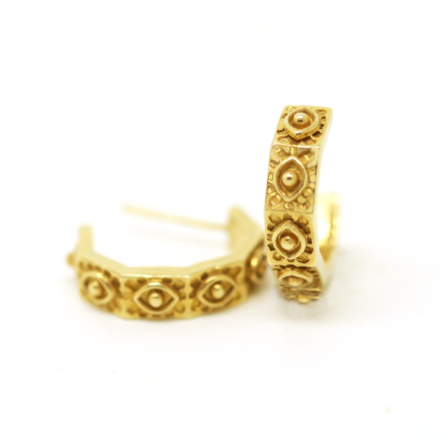 Hexagonal Huggies Evil Eye Gold Earrings