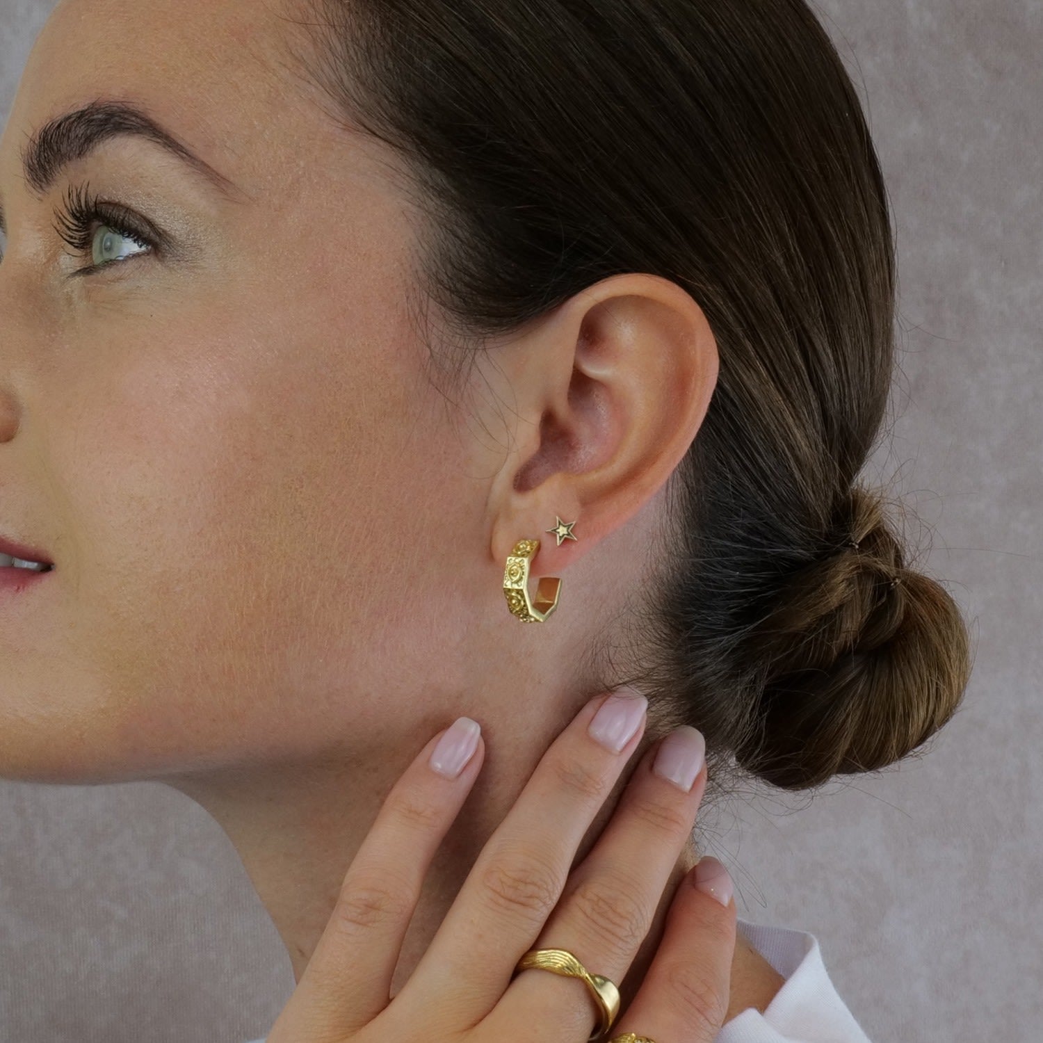 Hexagonal Huggies Evil Eye Gold Earrings