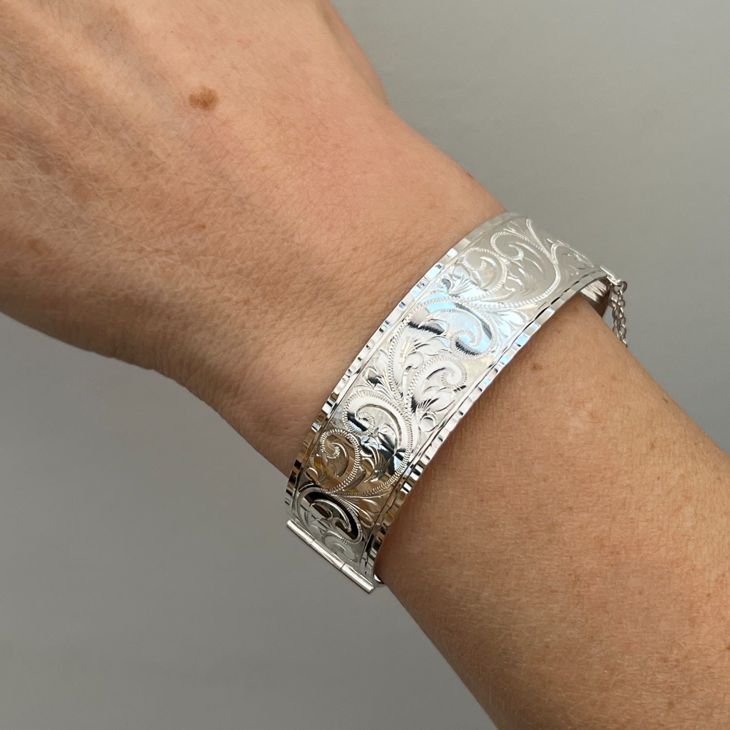 Wide Hand Engraved Vintage Style Bangle Sterling Silver