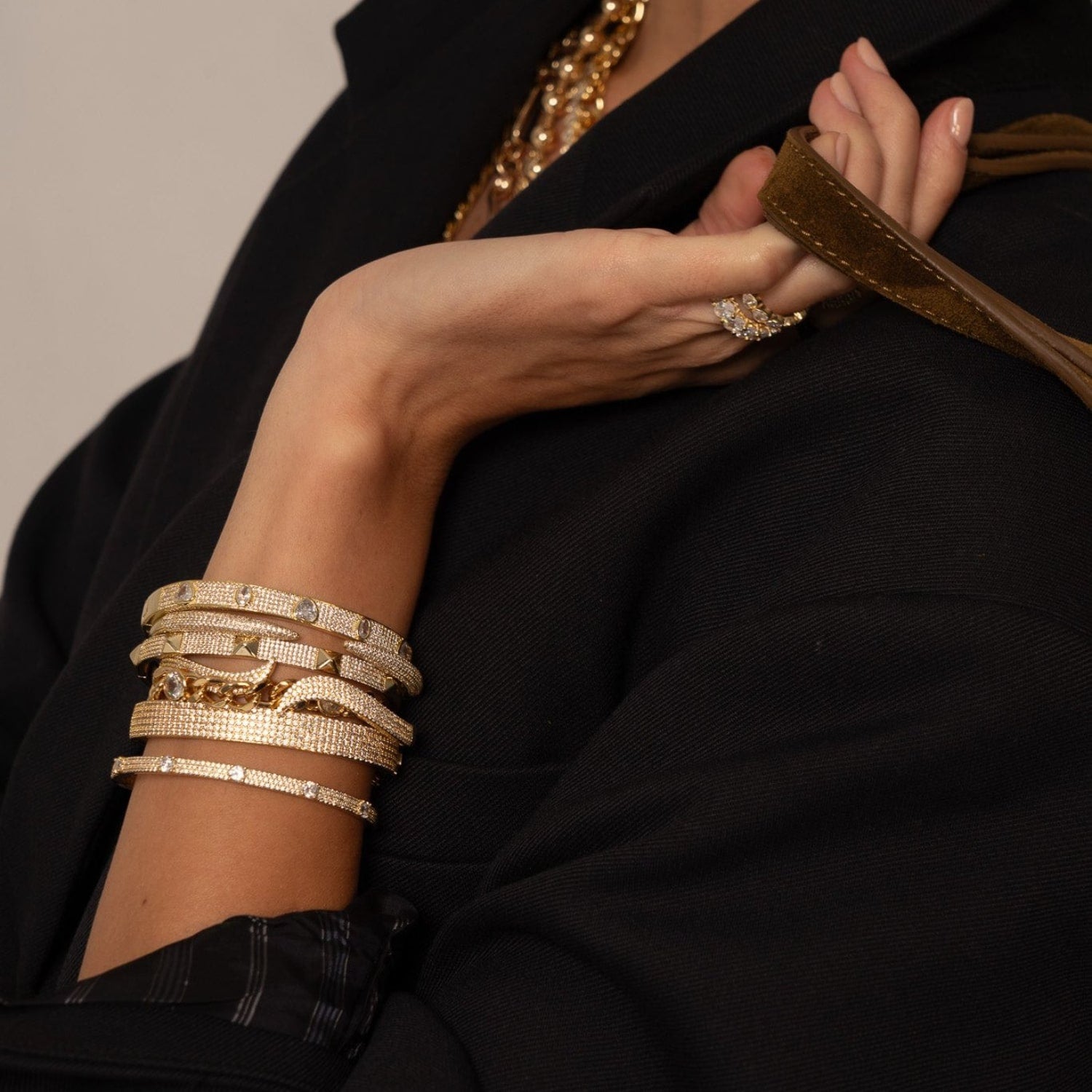 Wide Pave Bangle - Gold