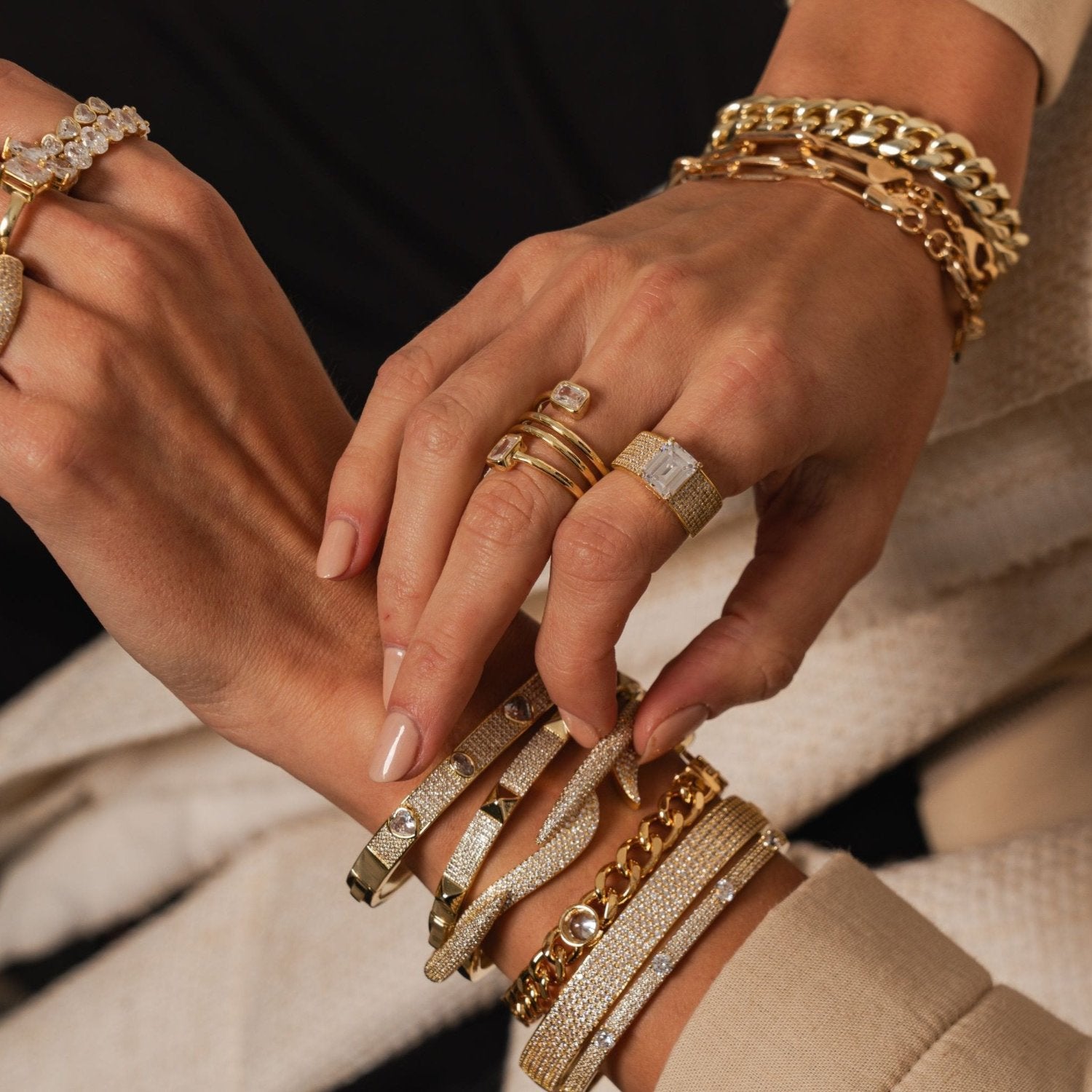 Wide Pave Center Stone Band - Gold