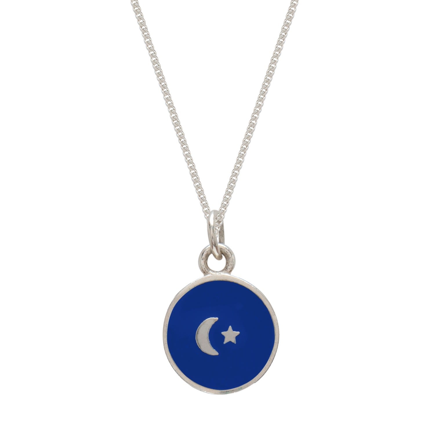 Small Moon & Star Enamel Necklace Sterling Silver Indigo