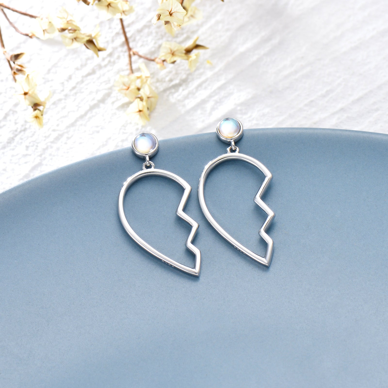 Sterling Silver Round Moonstone Angel Wing & Heart Drop Earrings