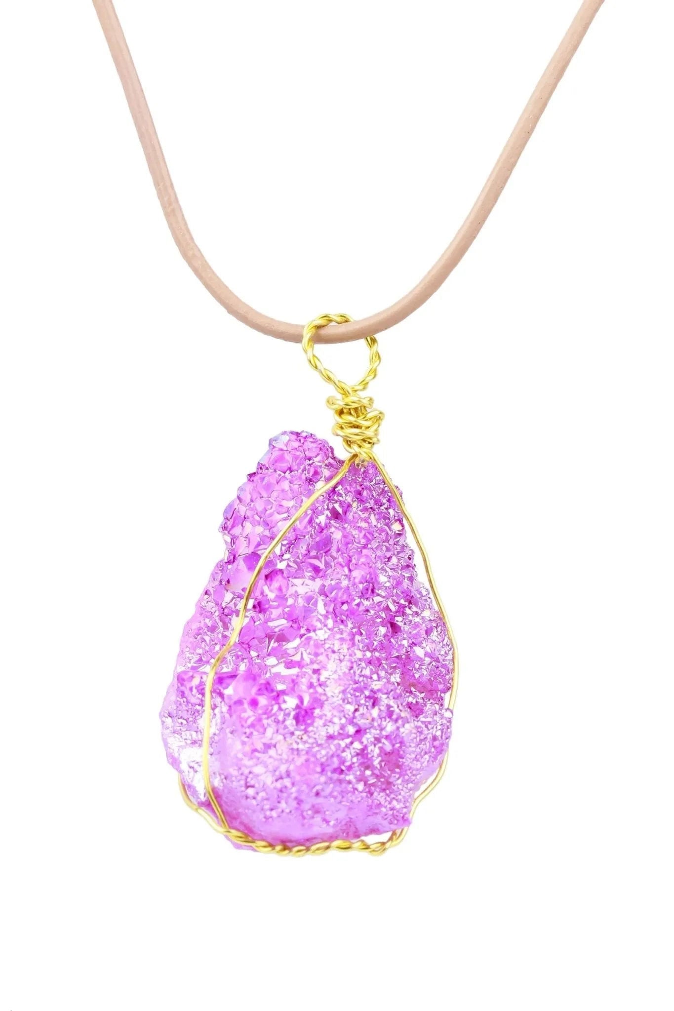Wire Druzy Pendant Leather Necklace