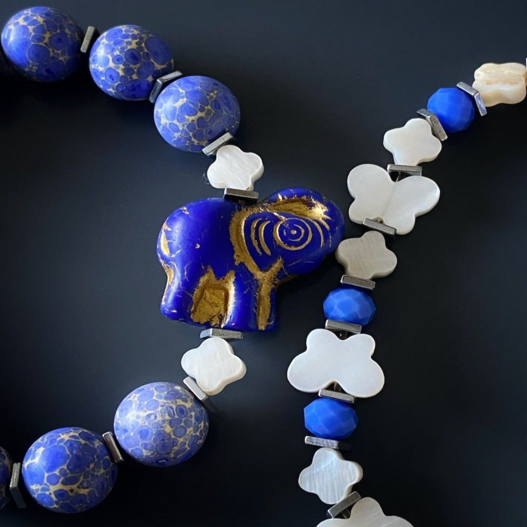 Ceramic Elephant Jasper And Pearl Beaded Bracelet Set - Blue