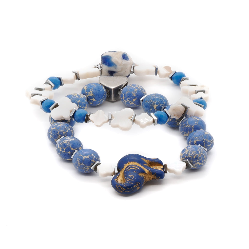 Ceramic Elephant Jasper And Pearl Beaded Bracelet Set - Blue