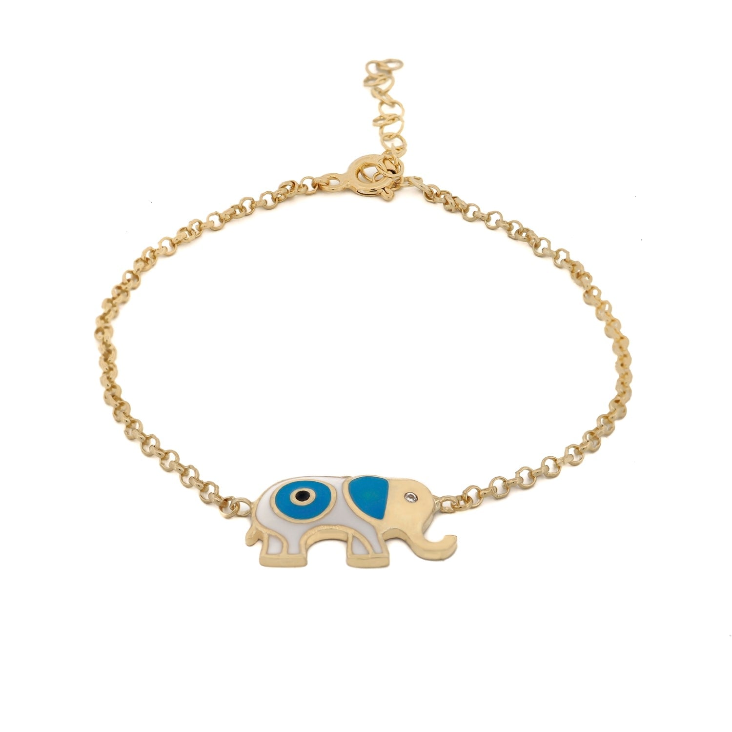 Wishful Elephant & Evil Eye Blue Enamel Gold Chain Bracelet - Blue