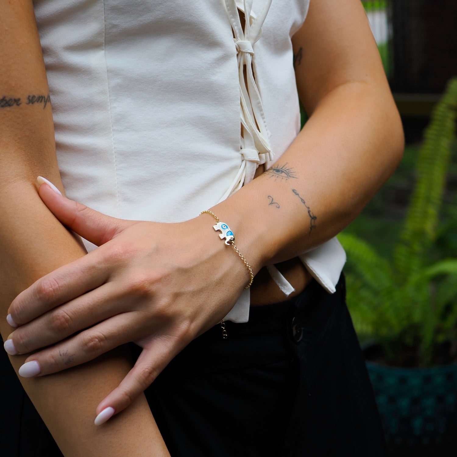 Wishful Elephant & Evil Eye Blue Enamel Gold Chain Bracelet - Blue