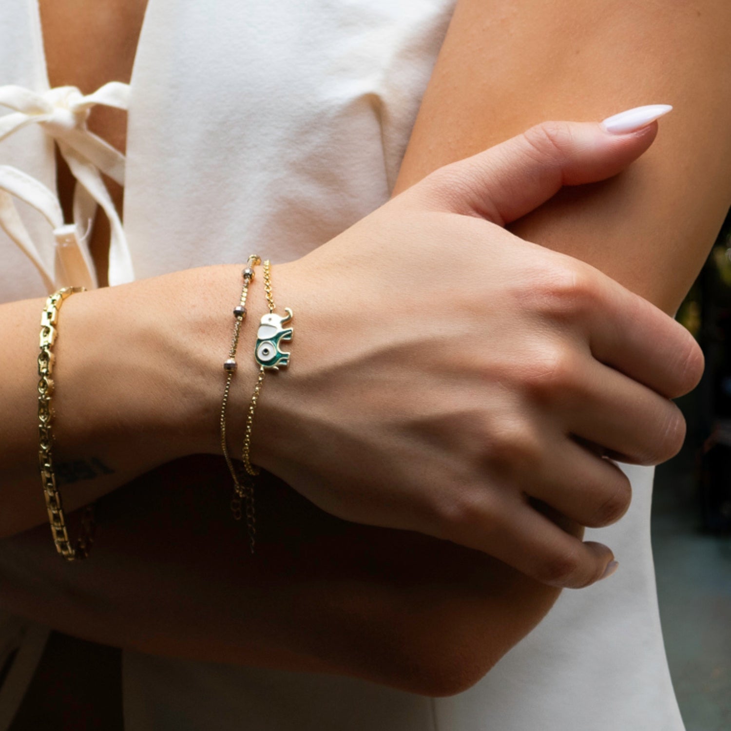 Wishful Elephant & Evil Eye Green Enamel Gold Chain Bracelet - Green