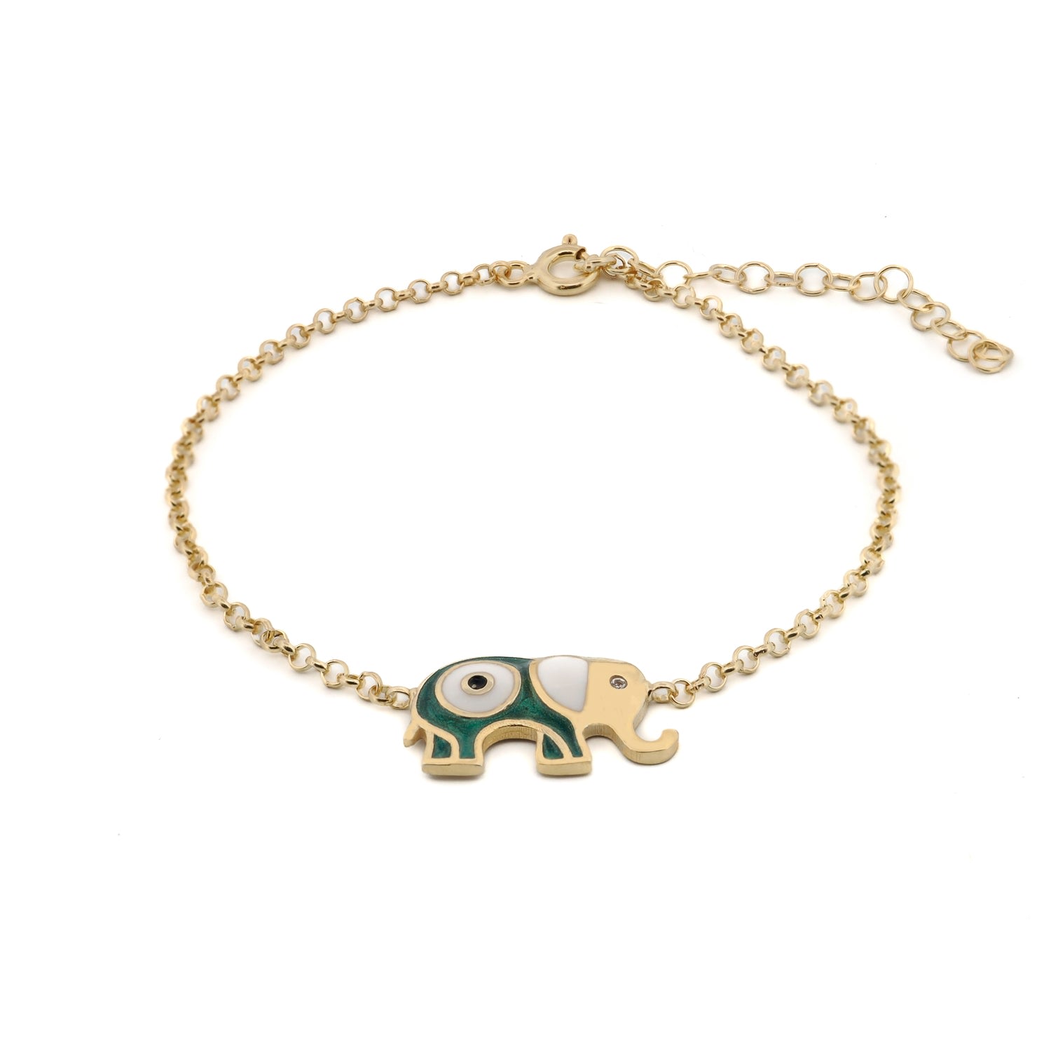 Wishful Elephant & Evil Eye Green Enamel Gold Chain Bracelet - Green