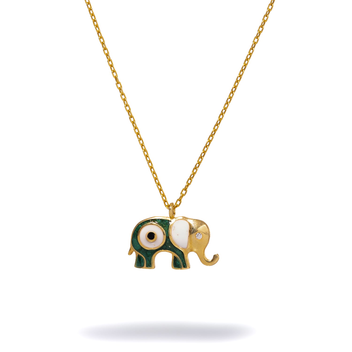 Wishful Elephant & Evil Eye Green Enamel Pendant Gold Chain Necklace - Green
