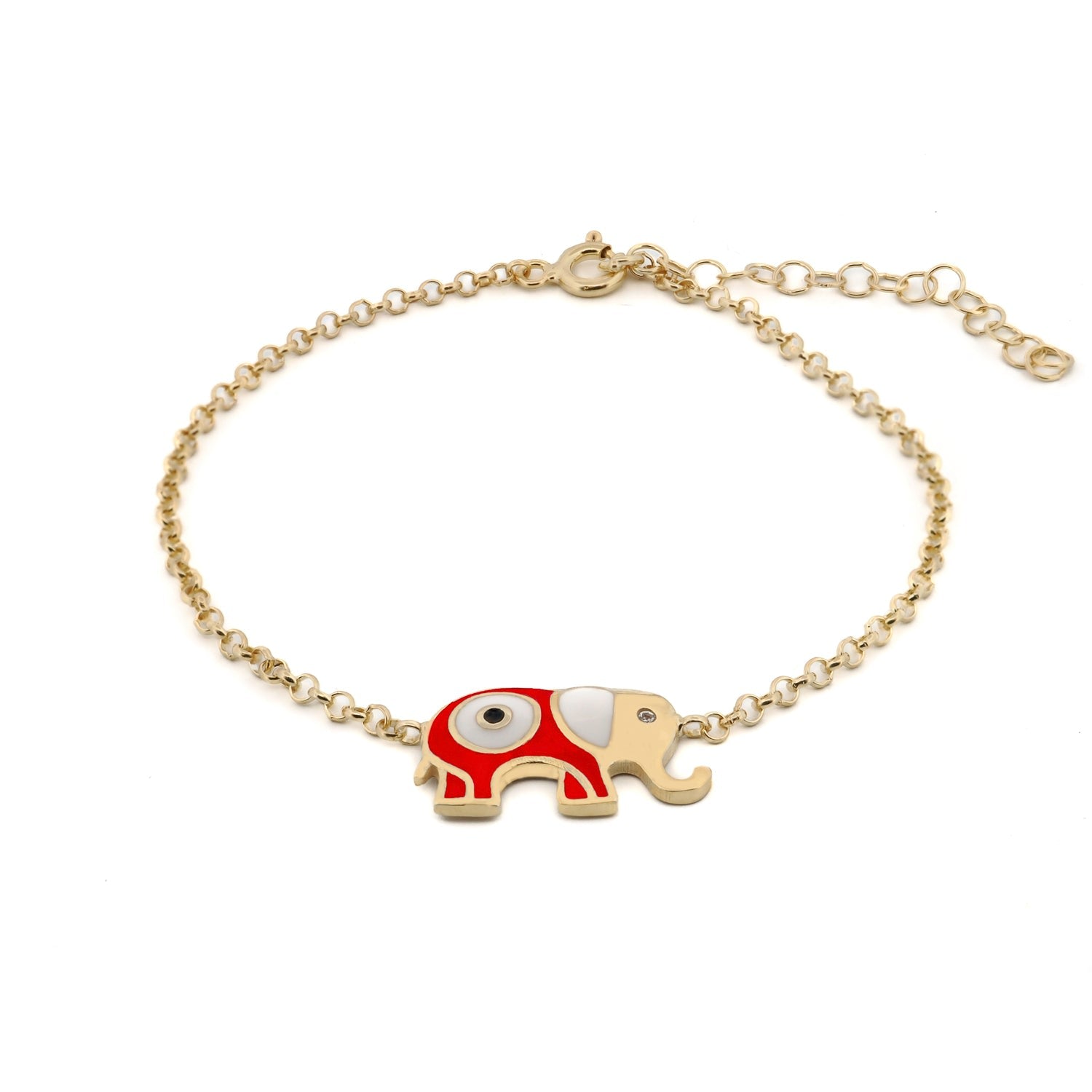 Wishful Elephant & Evil Eye Red Enamel Gold Chain Bracelet - Red