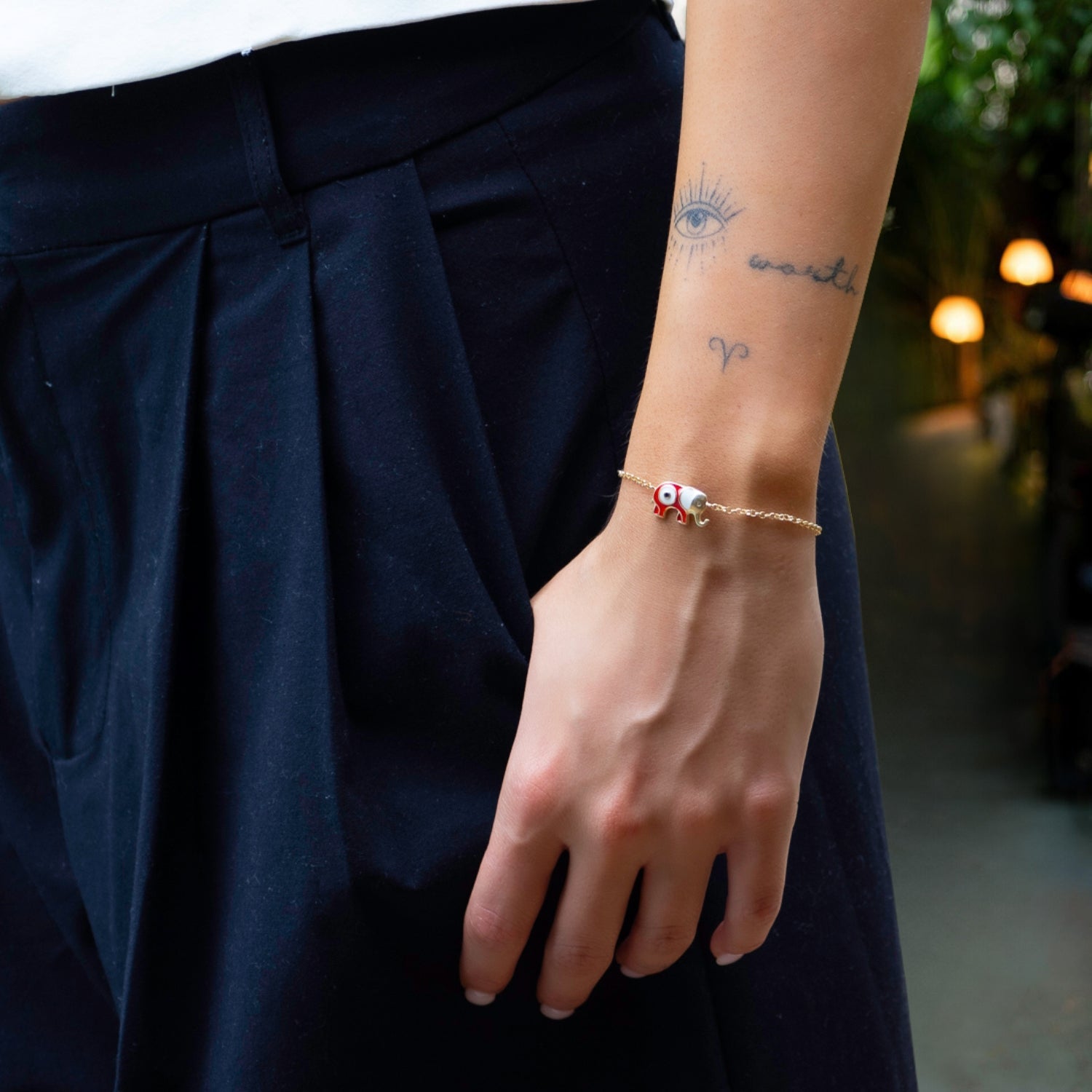 Wishful Elephant & Evil Eye Red Enamel Gold Chain Bracelet - Red