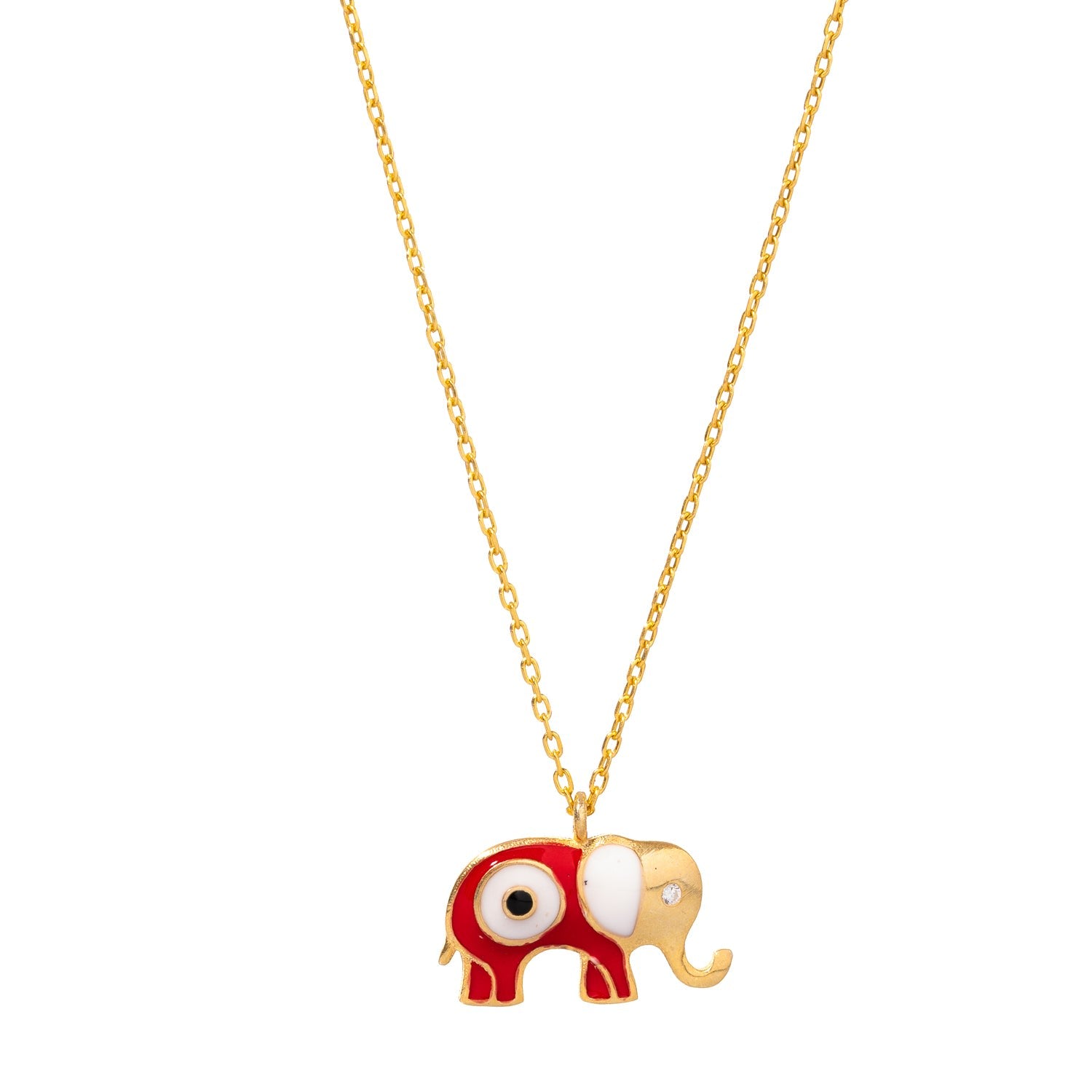 Wishful Elephant & Red Enamel Evil Eye Pendant Gold Chain Necklace - Red