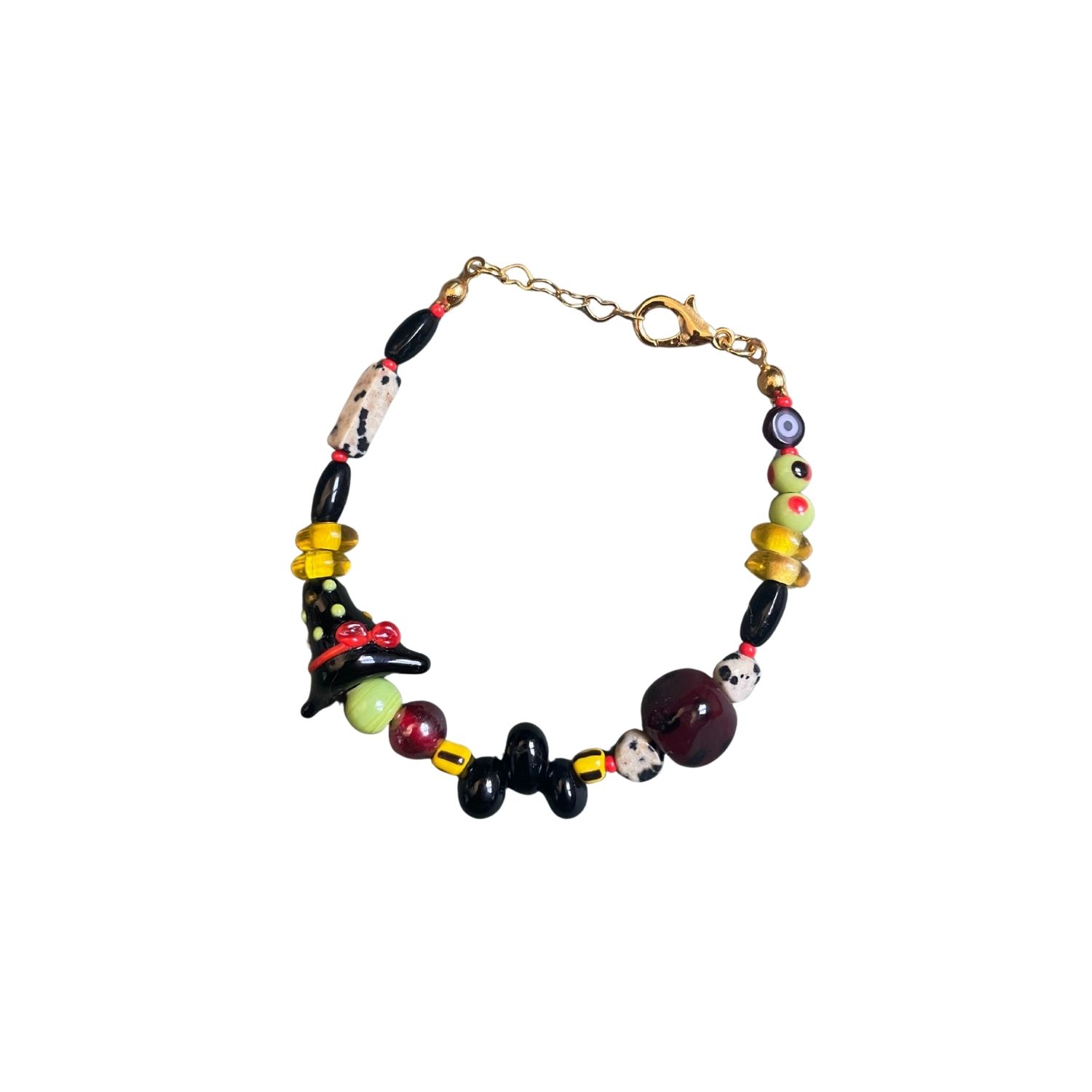 Witchy Witch – Handmade Halloween Bracelet With Dalmatian Jasper And Murano Glass Witch Hat