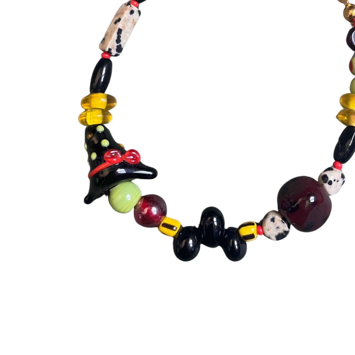 Witchy Witch – Handmade Halloween Bracelet With Dalmatian Jasper And Murano Glass Witch Hat