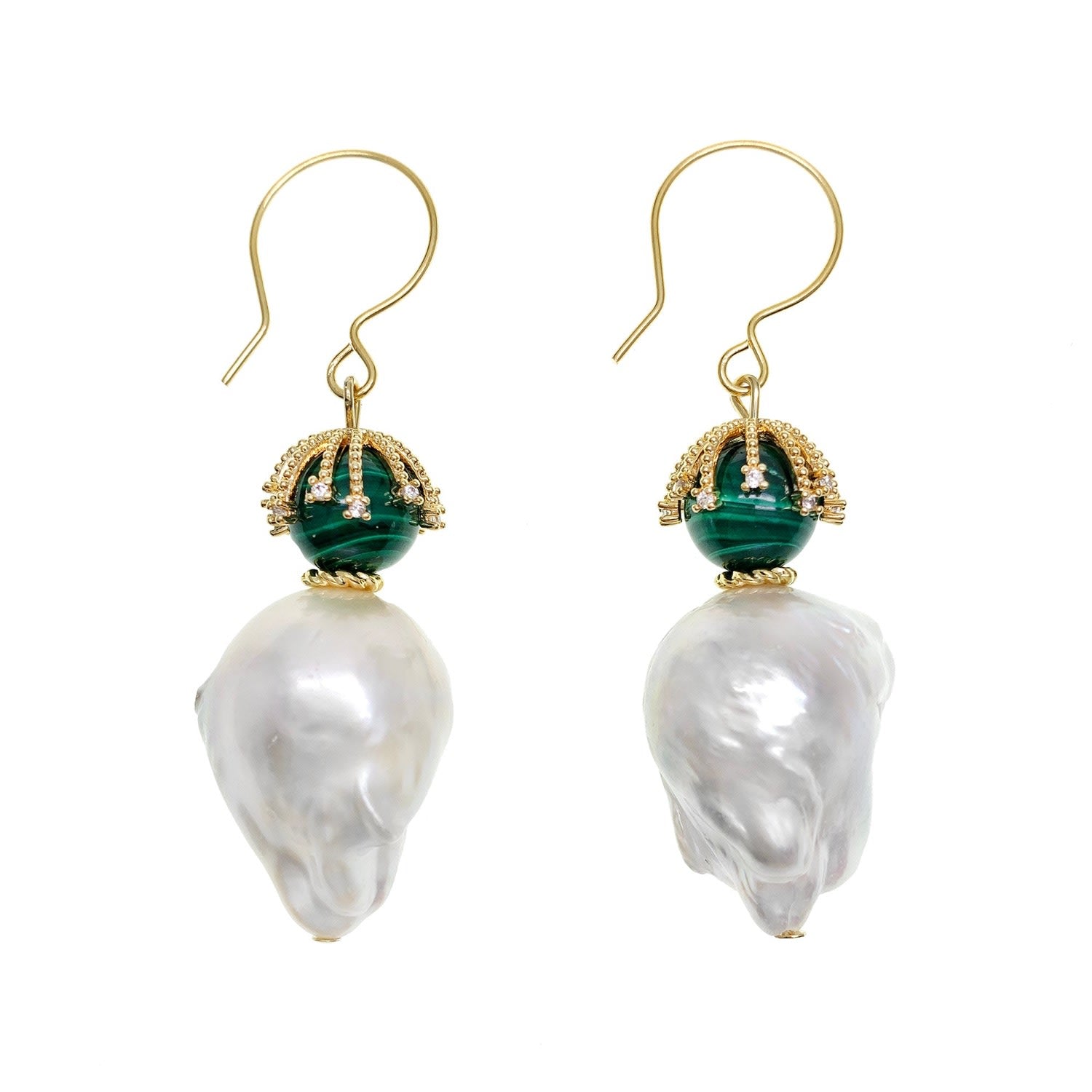 Baroque Pearl With Malachite Hook Earrings