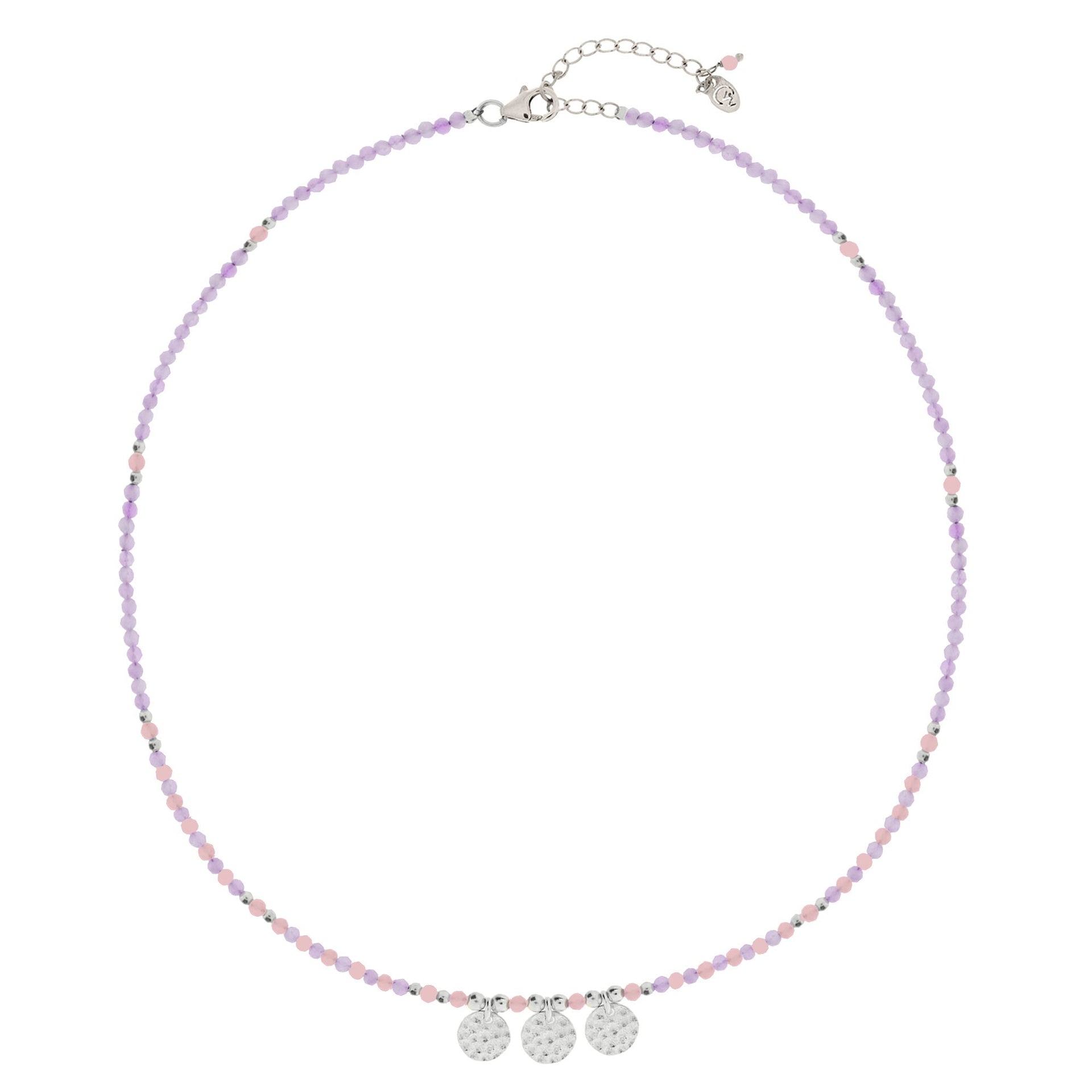 Ibiza Sunset Silver Beaded Necklace - Amethyst & Pink Quartz