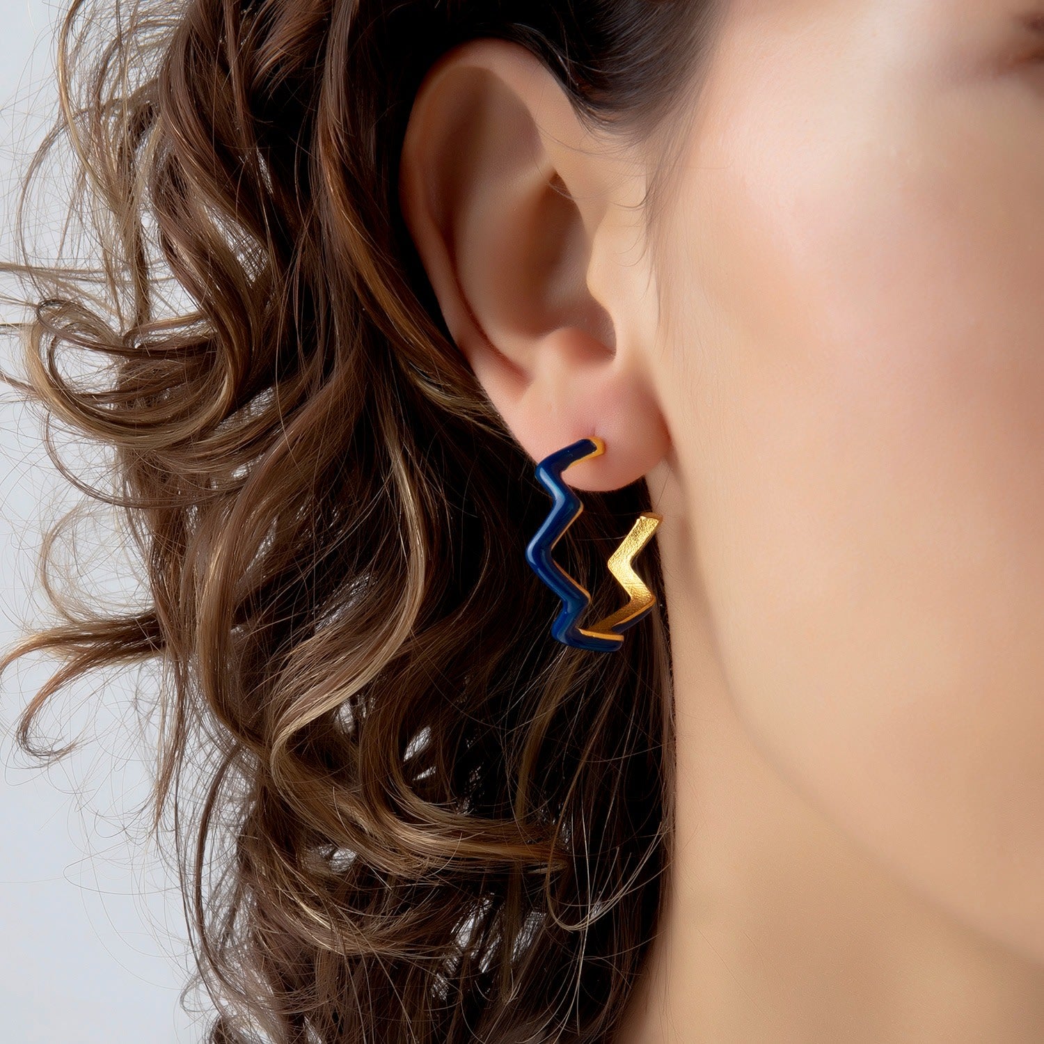 Navy Blue Zig Zag Hoop Earrings