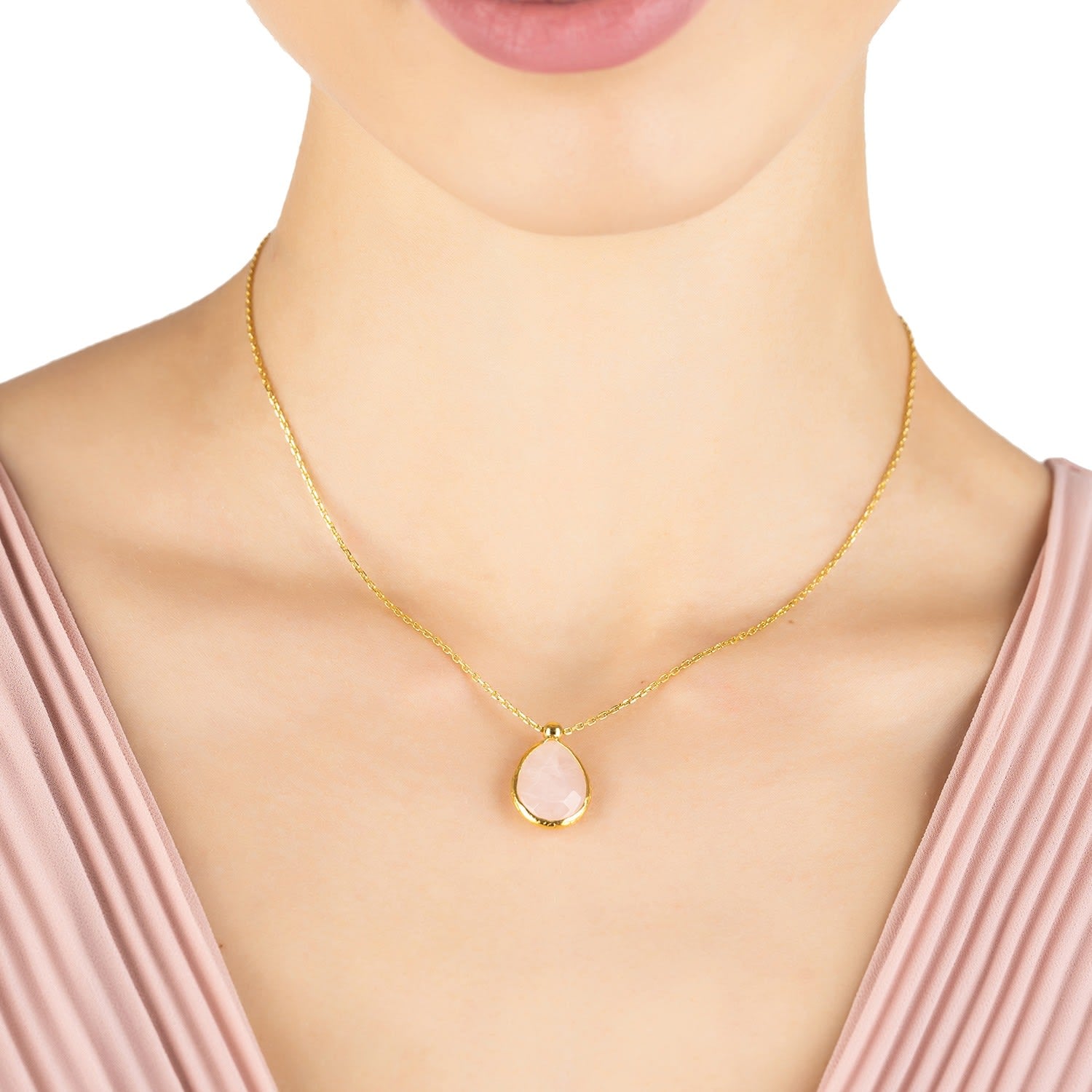 Petite Drop Necklace Gold Rose Quartz