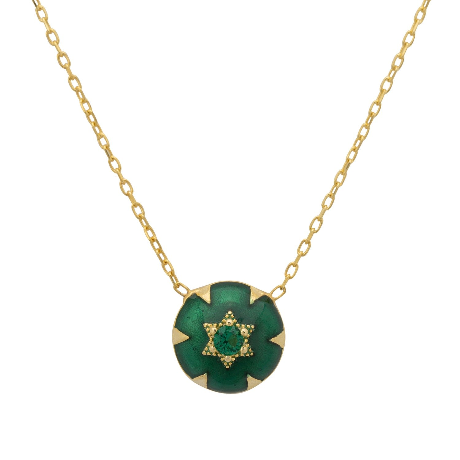 Star Of David Green Enamel Necklace Gold