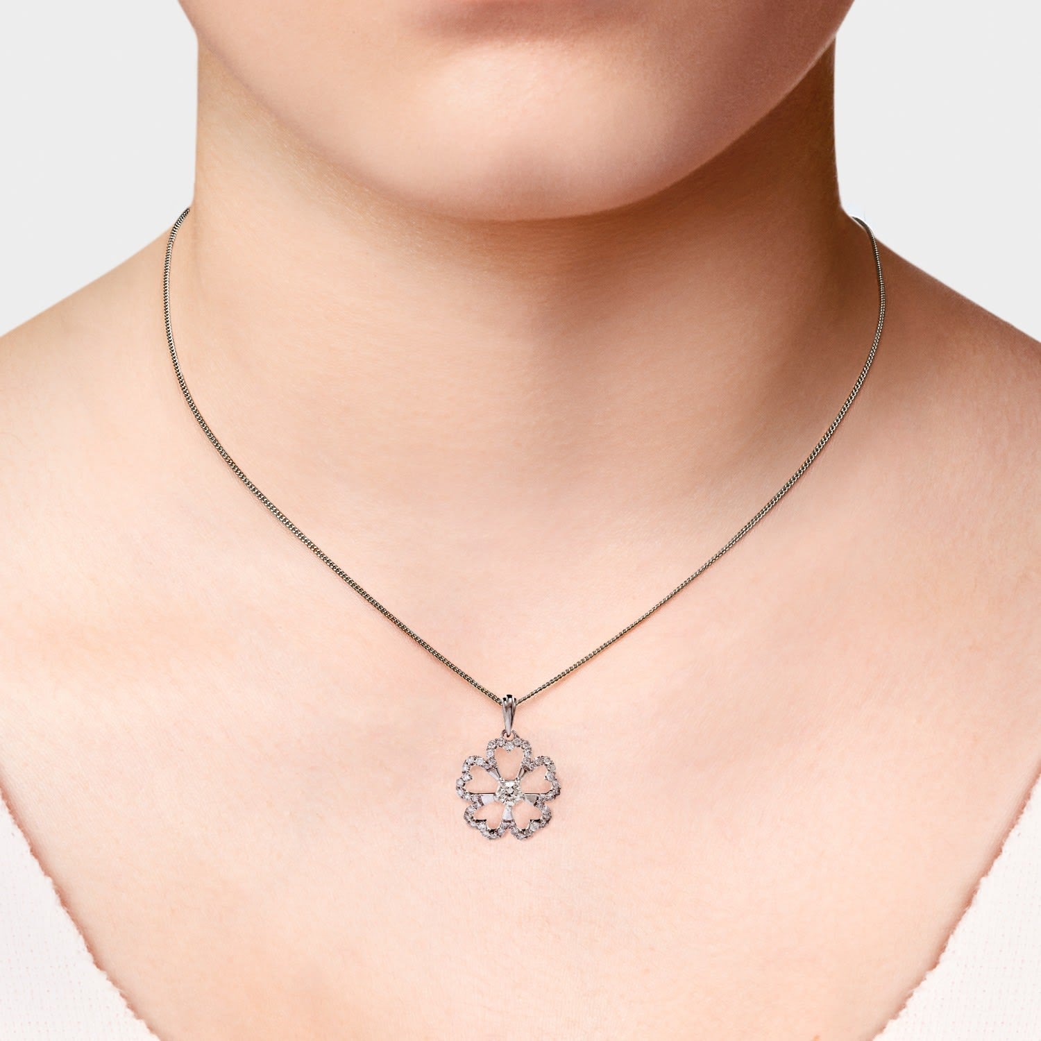 Diamond Studded Flower Pendant In White Gold