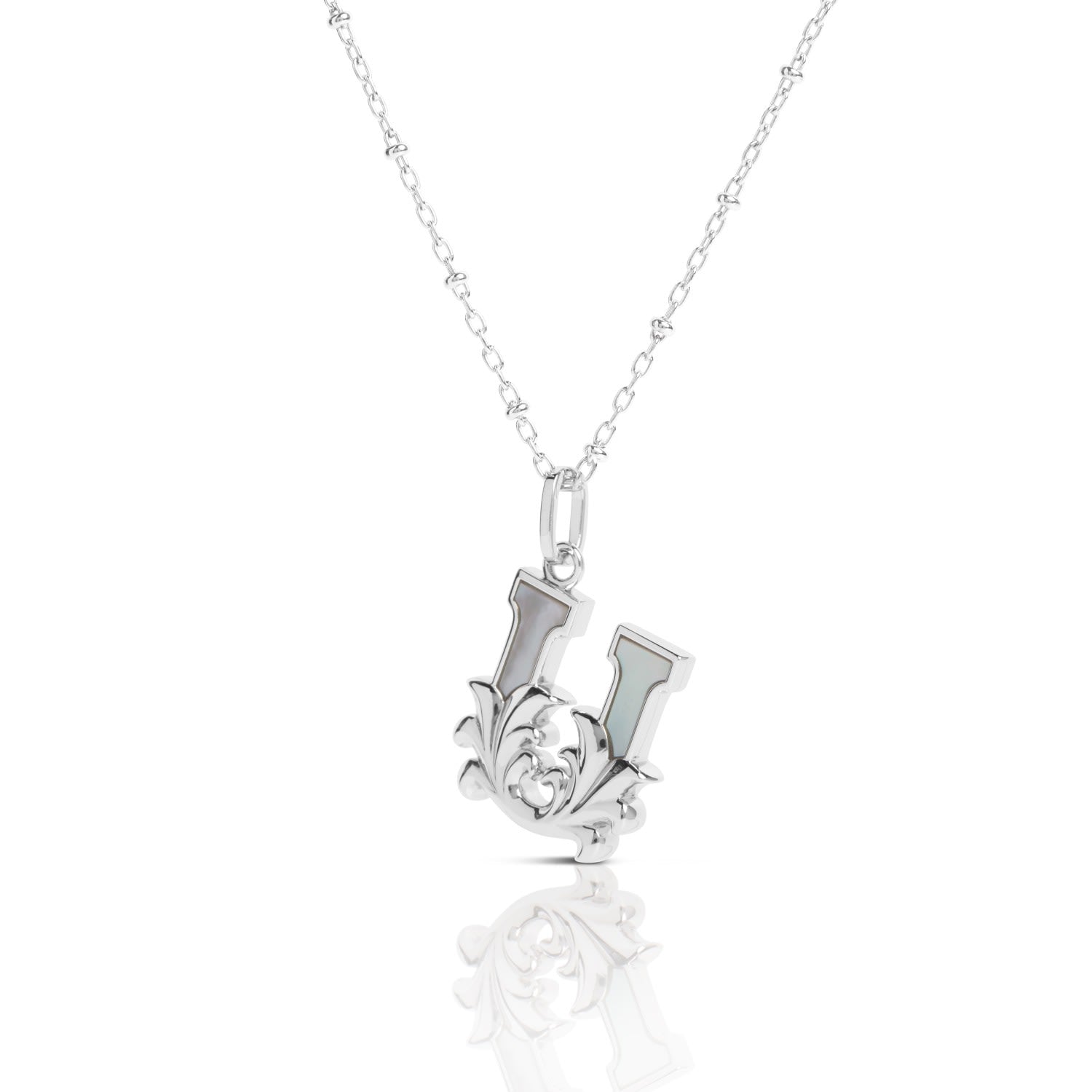 Solid Silver U Initial Necklace With Mother Of Pearl