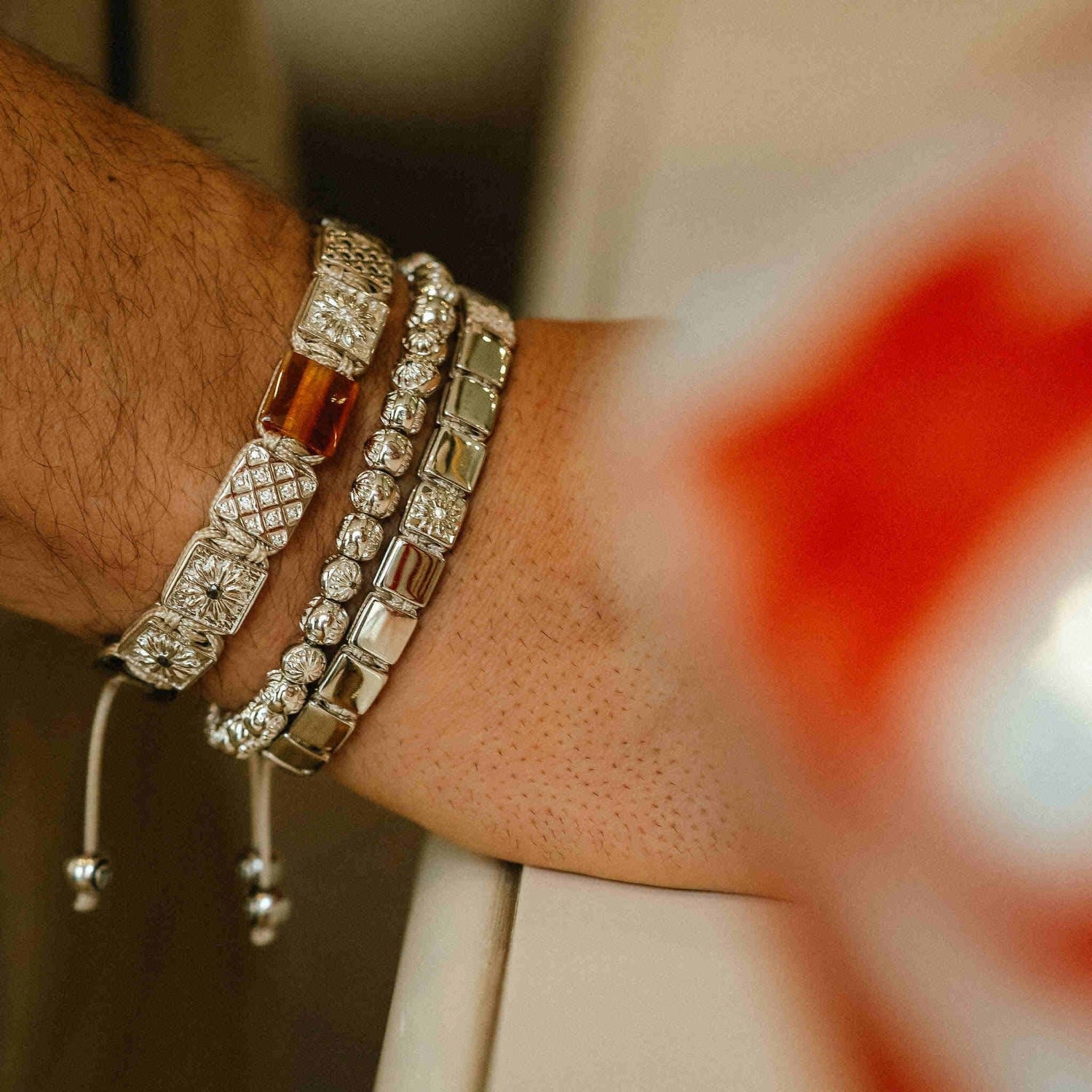 Women's Silver Macrame Bracelet – Light Beige String With White Moissanites